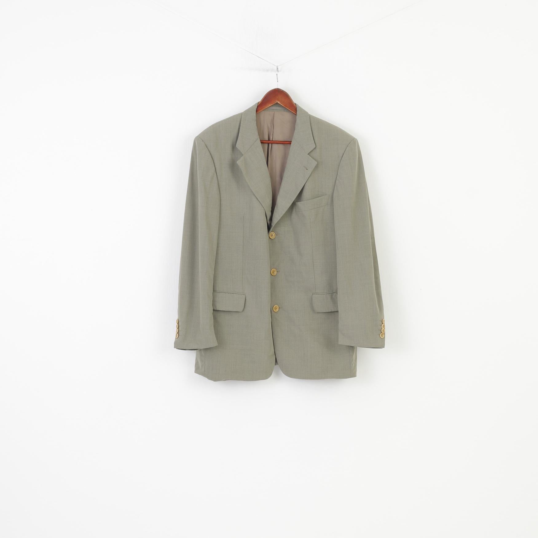 Hugo Boss Men 52 Blazer Green Wool Collar Elegant Shoulder Pads Jacket 