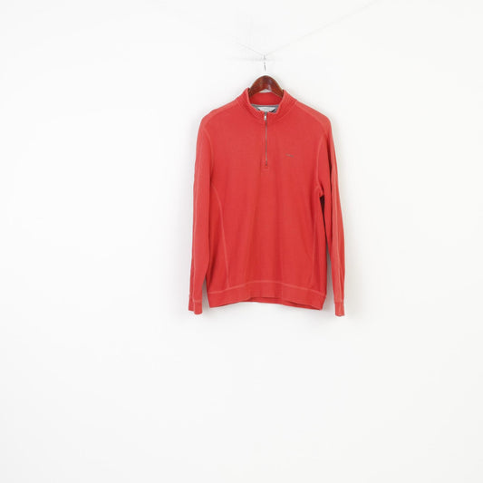 Calvin Klein L Jumper Red Collar Zip Neck Logo Cotton Sweater Top