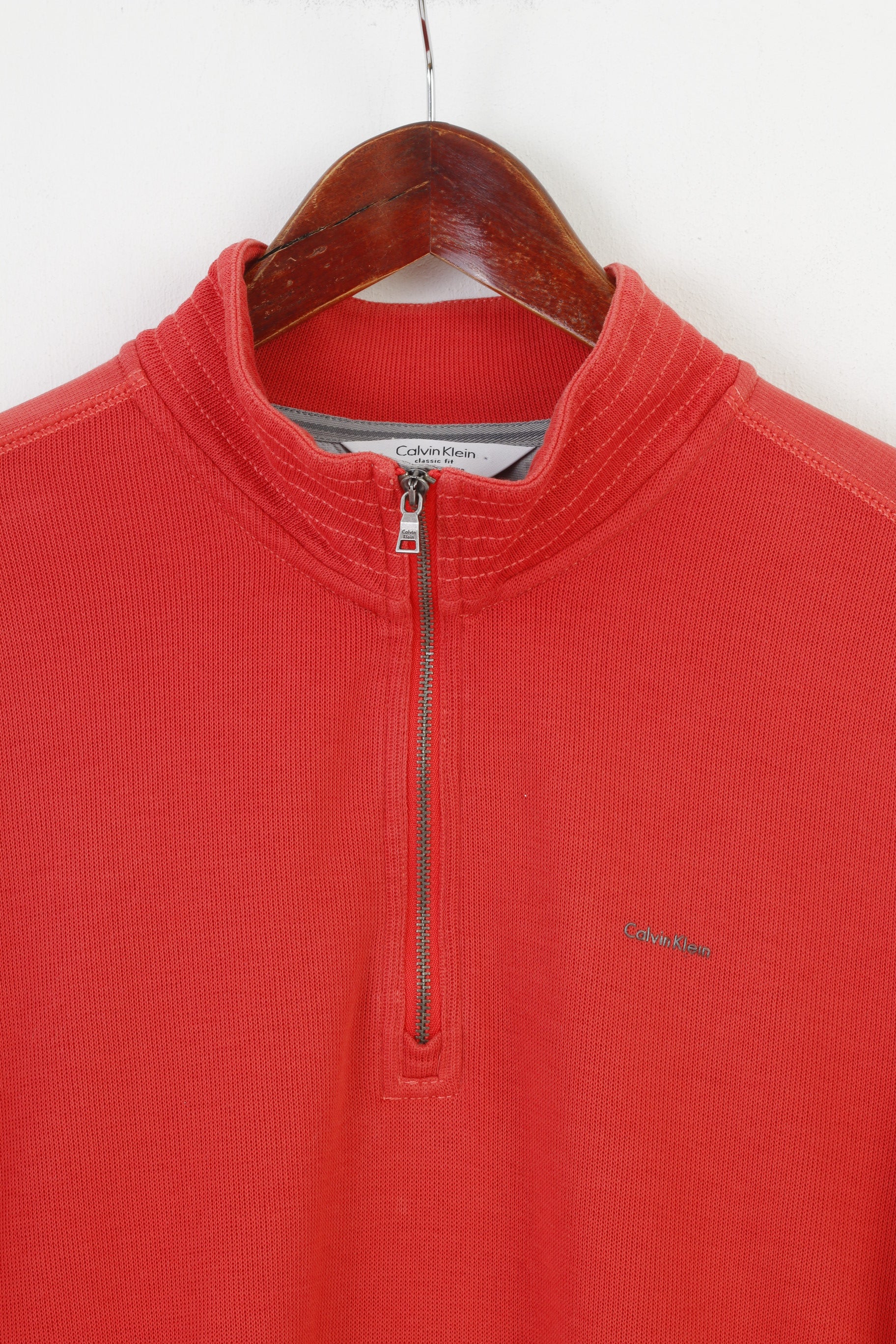 Calvin Klein Men L Jumper Red Collar Zip Neck Logo Cotton Sweater Top