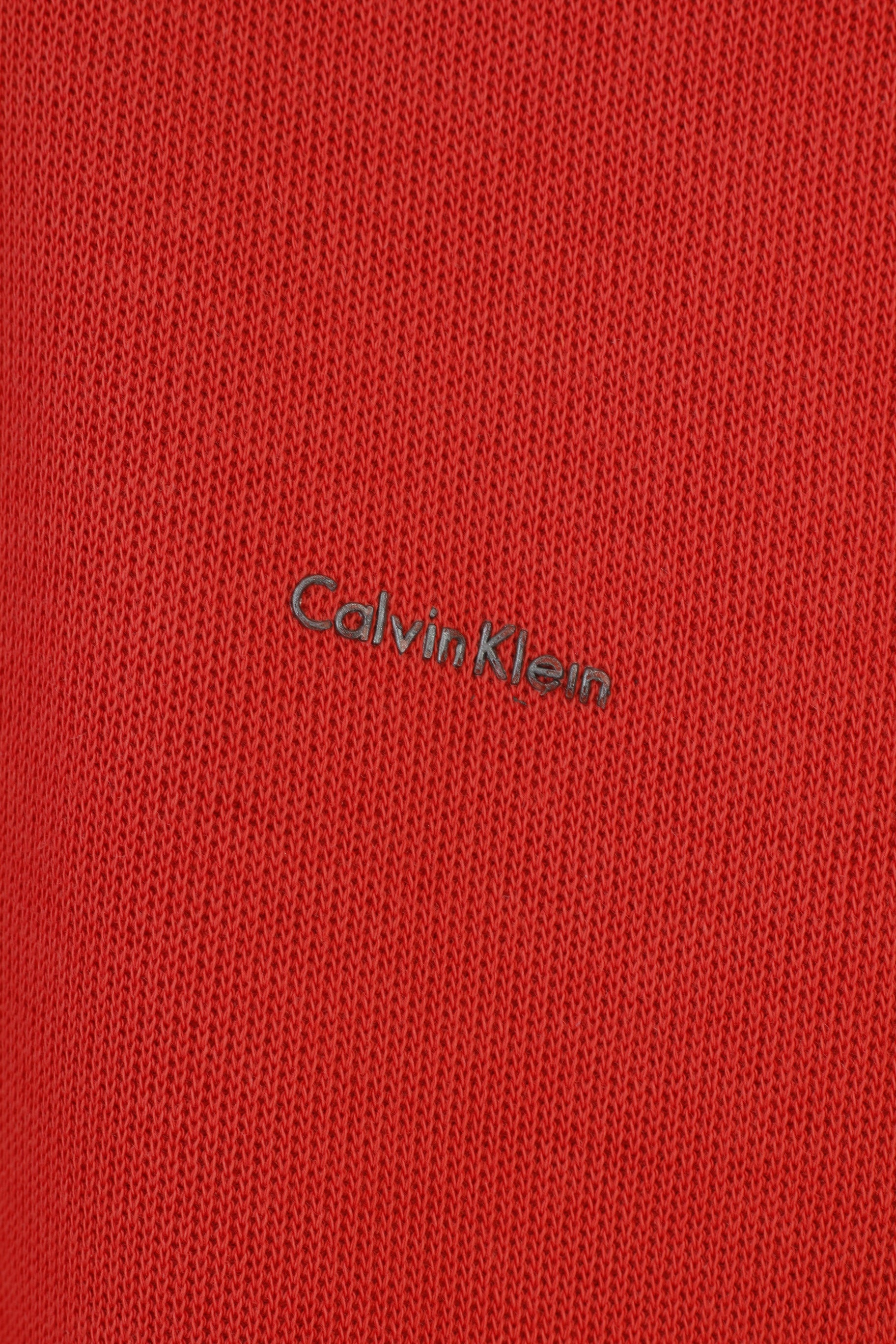 Calvin Klein Men L Jumper Red Collar Zip Neck Logo Cotton Sweater Top