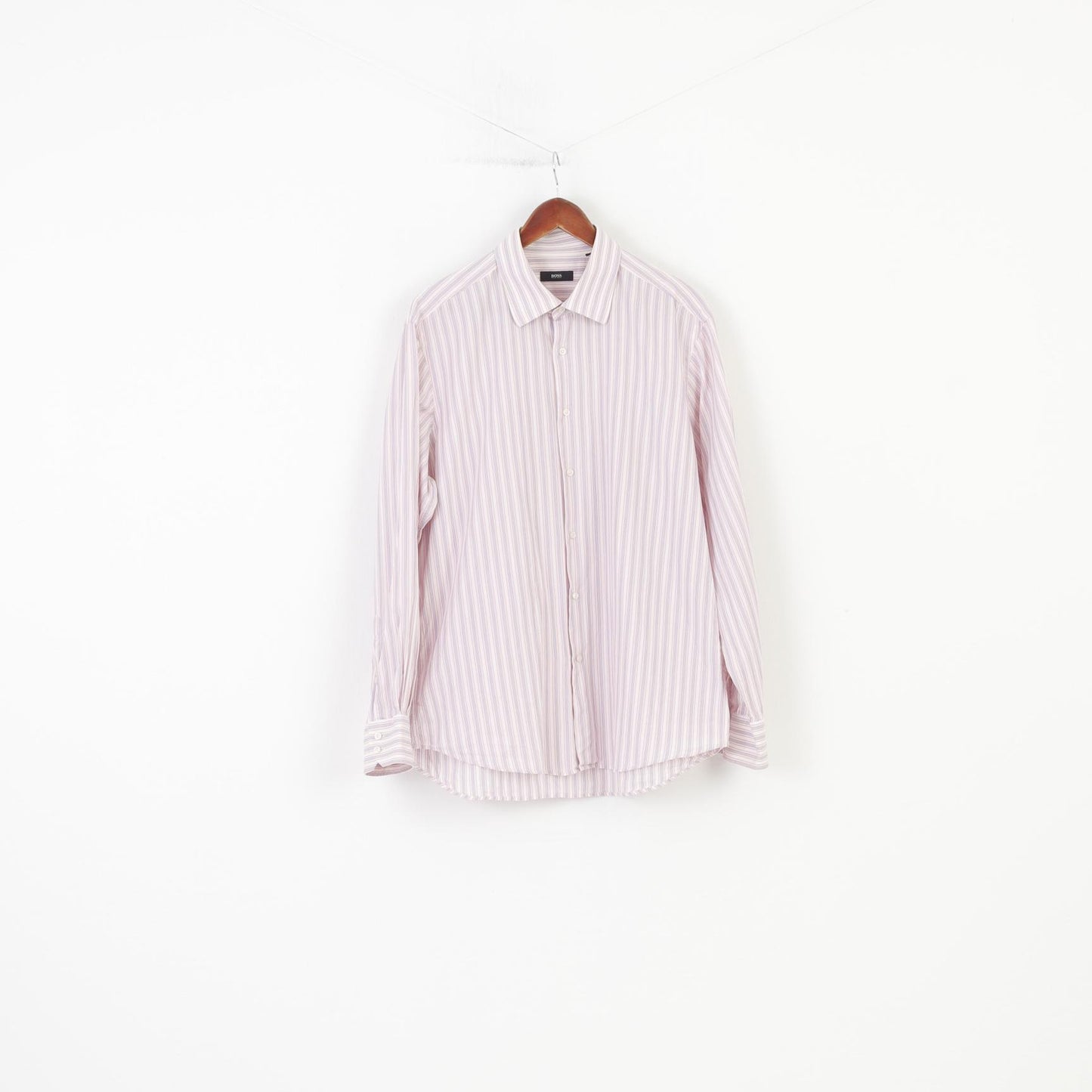 Hugo Boss Men 44 17 1/2 Casual Shirt Striped Pink Long Sleeve Cotton  Collar Bottoms Elegant Top