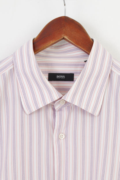 Hugo Boss Men 44 17 1/2 Casual Shirt Striped Pink Long Sleeve Cotton  Collar Bottoms Elegant Top