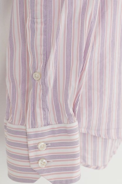 Hugo Boss Men 44 17 1/2 Casual Shirt Striped Pink Long Sleeve Cotton  Collar Bottoms Elegant Top