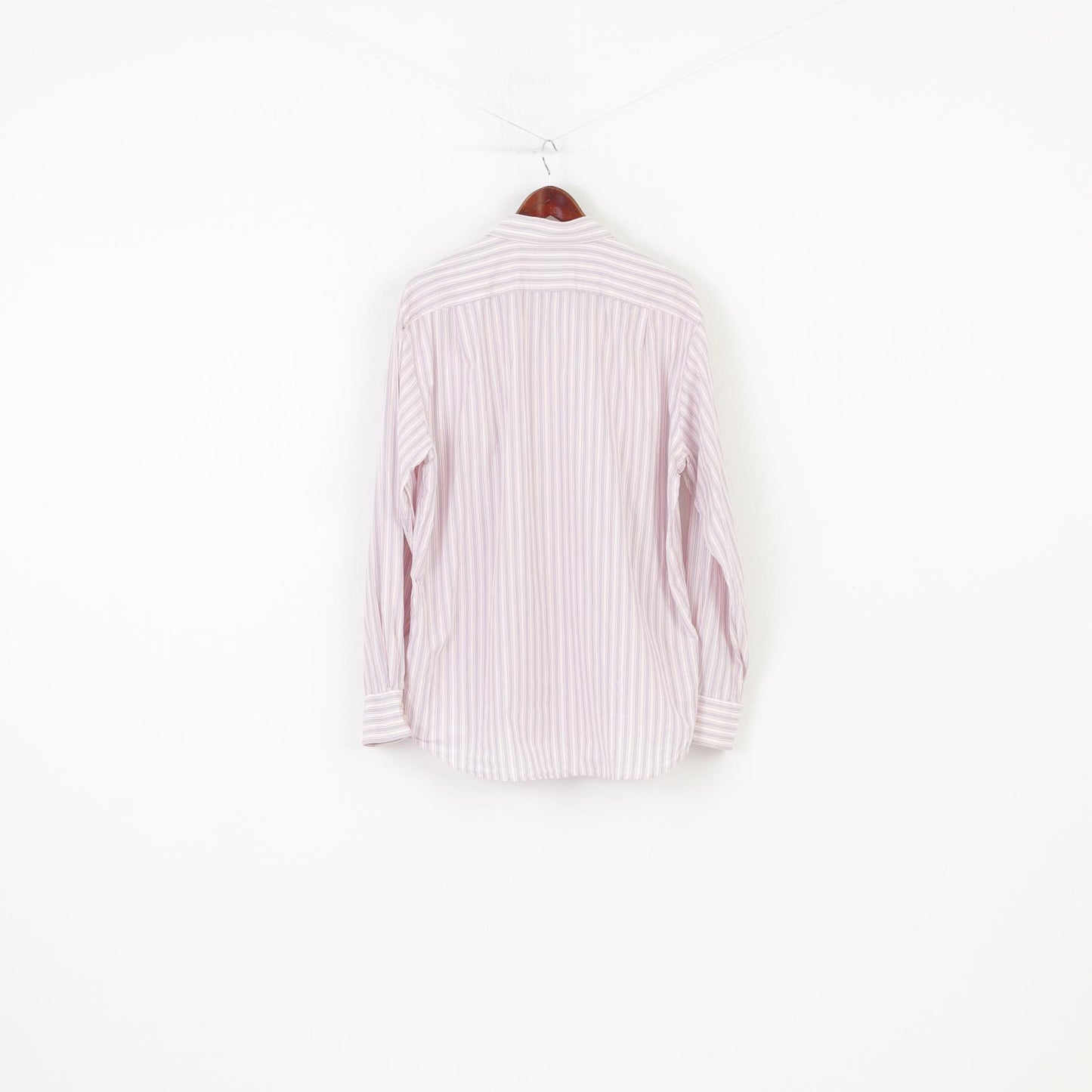 Hugo Boss Men 44 17 1/2 Casual Shirt Striped Pink Long Sleeve Cotton  Collar Bottoms Elegant Top