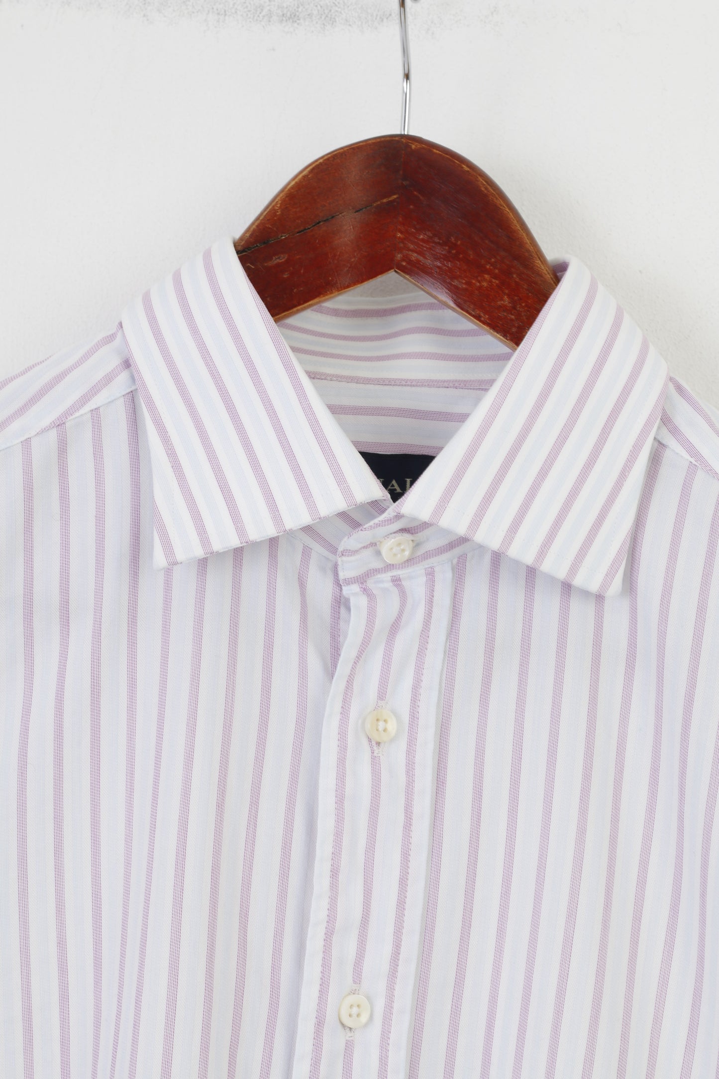 Canali Men 39 15 1/2  Casual Shirt Striped Pink Blue Collar Elegant Long Sleeve Cotton Top