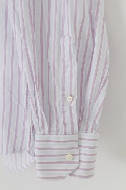 Canali Men 39 15 1/2  Casual Shirt Striped Pink Blue Collar Elegant Long Sleeve Cotton Top