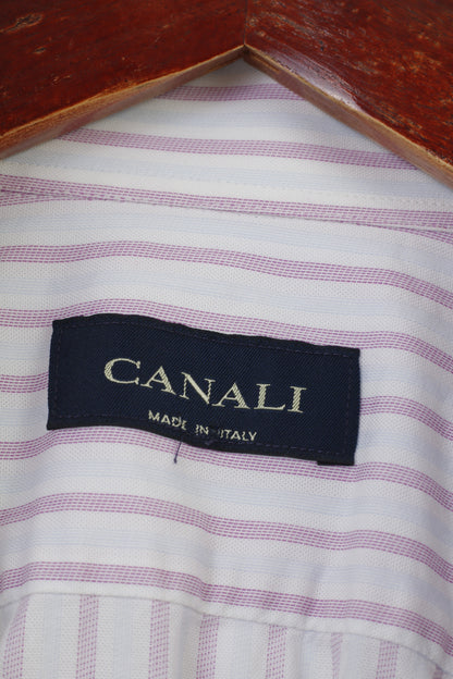 Canali Men 39 15 1/2  Casual Shirt Striped Pink Blue Collar Elegant Long Sleeve Cotton Top