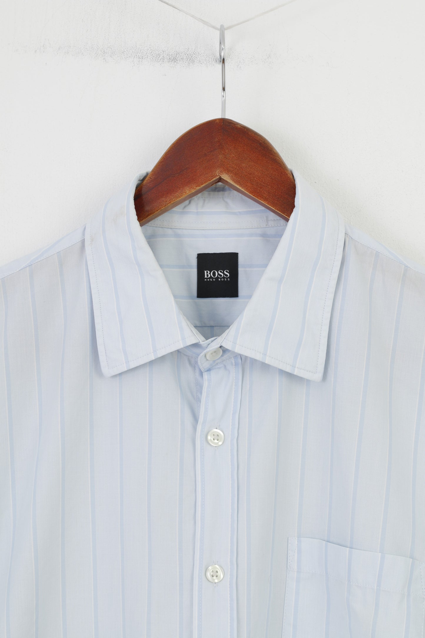 Hugo Boss Camicia casual da uomo XL a righe con colletto blu in cotone a maniche corte