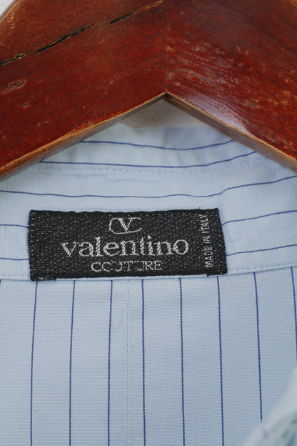 Valentino Men 39 15 1/2 L Casual Shirt Blue Striped Long Sleeve Cotton Italy Top