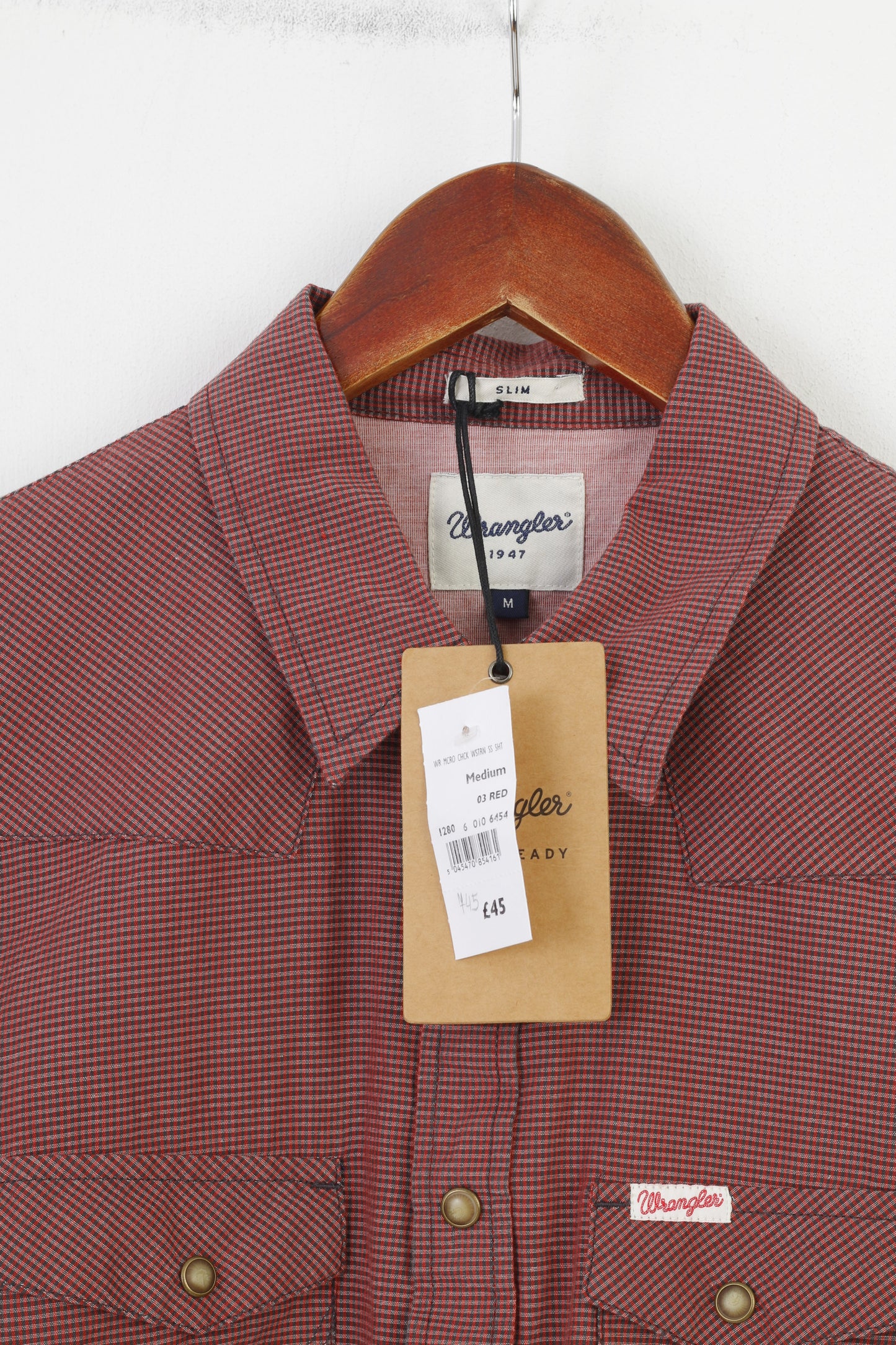 NUOVA camicia casual da uomo Wrangler M a quadri manica corta rossa slim 1947 con bottoni a pressione top in cotone