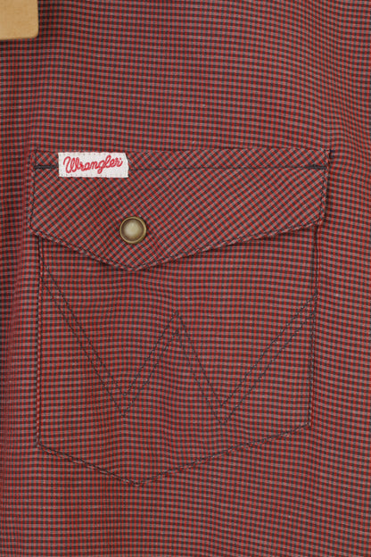 NUOVA camicia casual da uomo Wrangler M a quadri manica corta rossa slim 1947 con bottoni a pressione top in cotone