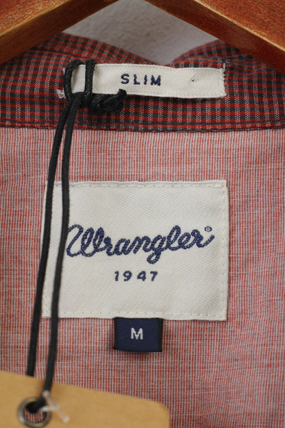 NUOVA camicia casual da uomo Wrangler M a quadri manica corta rossa slim 1947 con bottoni a pressione top in cotone