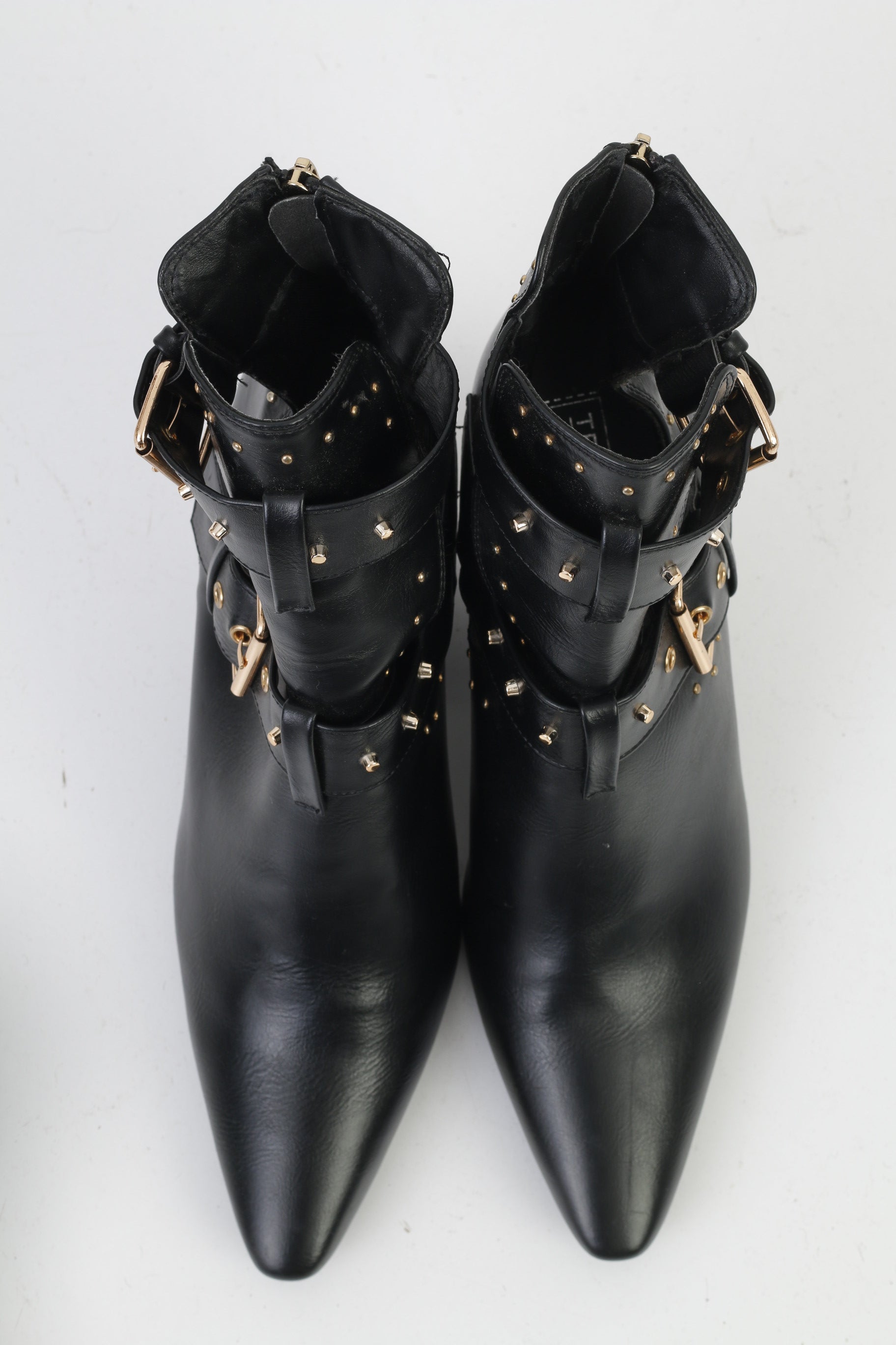 Truffle Collection Woman 40 Heeled Booties Black Buckles Back Zipper Shiny Leather Shoes