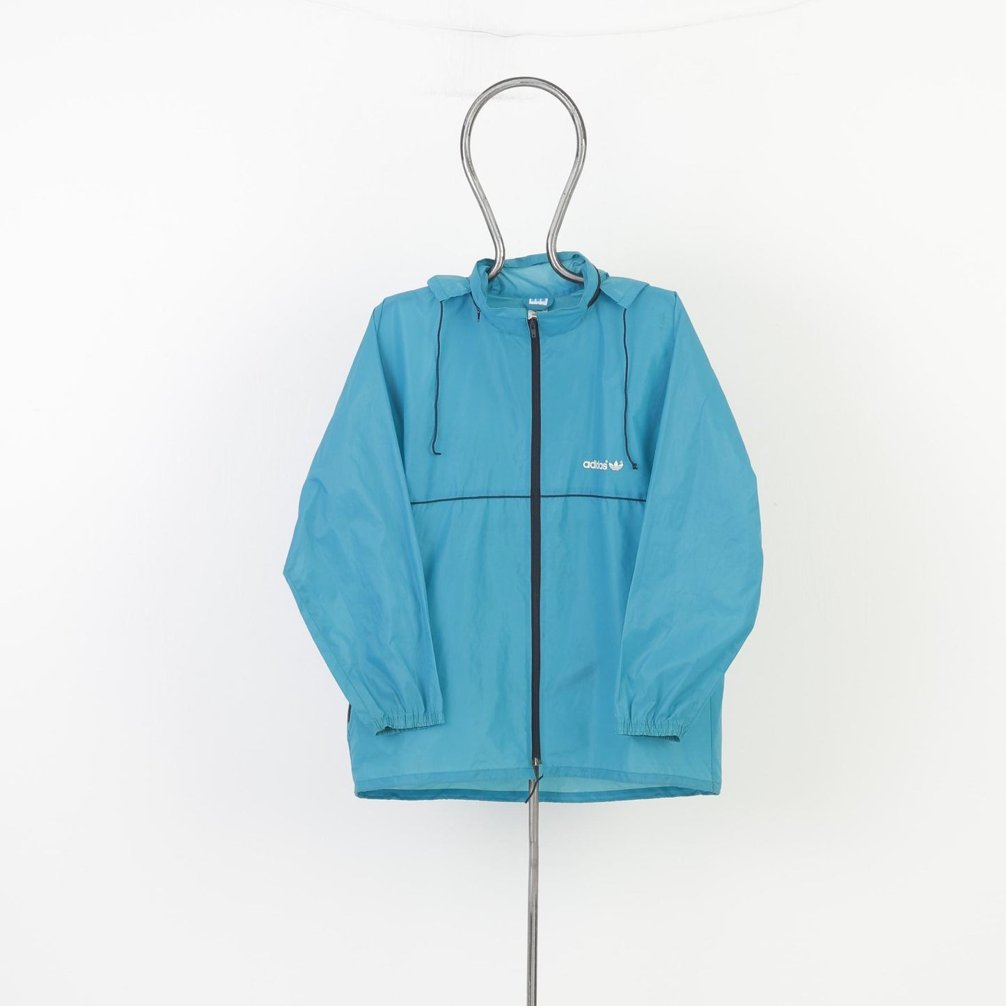 Adidas Men XL Jacket Blue Polyamid Waterproof Oversize Full Zipper Vintage 3 Stripes 90s Retractable Hood Raincoats Top