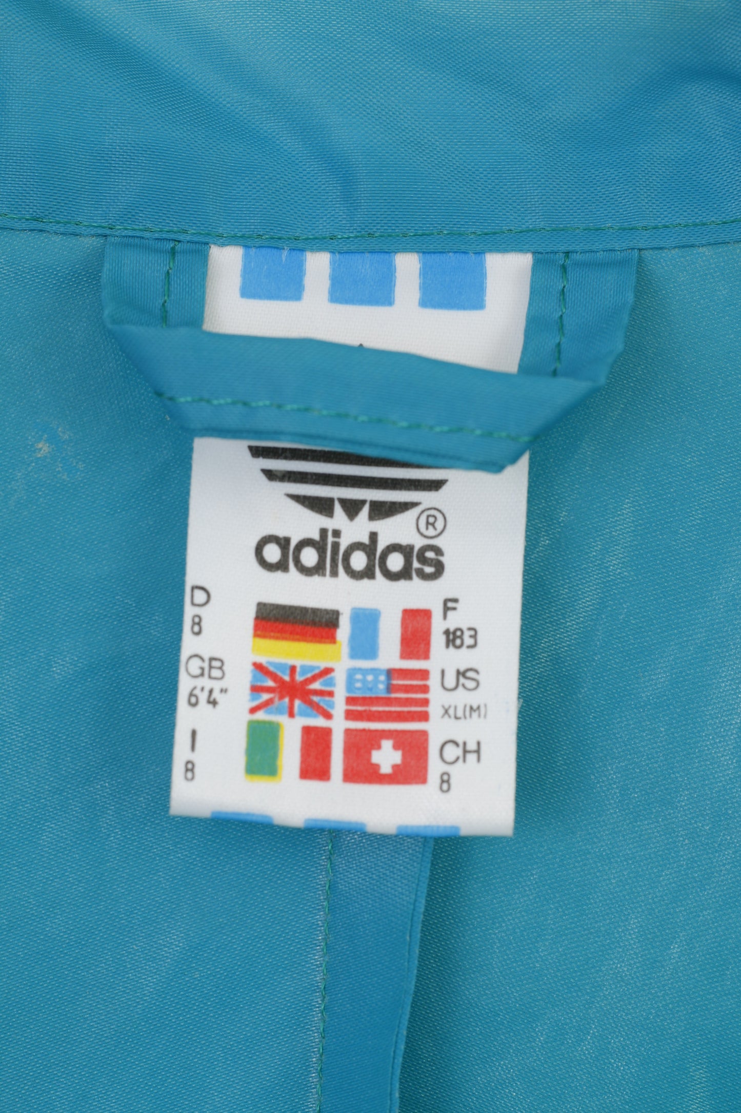 Adidas Men XL Jacket Blue Polyamid Waterproof Oversize Full Zipper Vintage 3 Stripes 90s Retractable Hood Raincoats Top