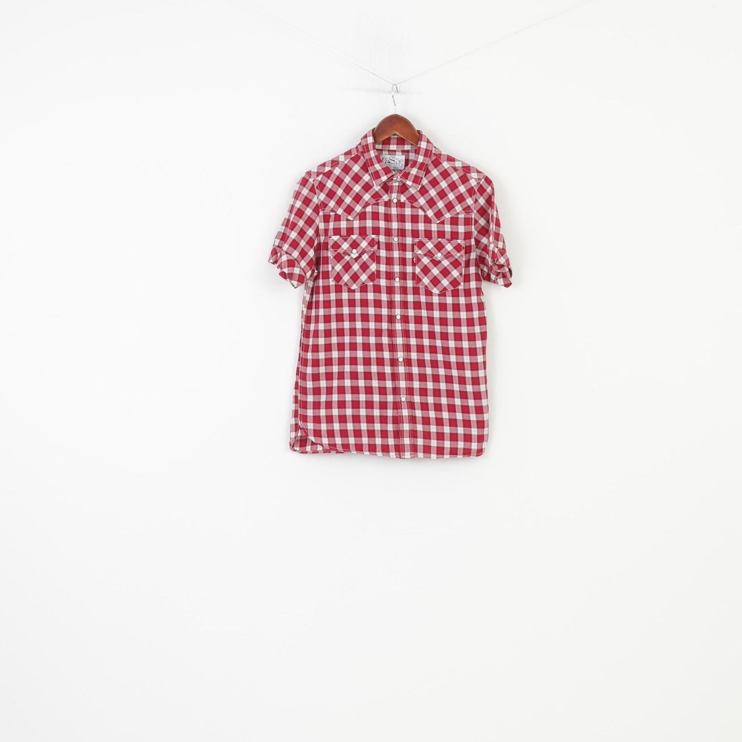 Levi's Men S Casual Shirt Red Checkered Snap Bottoms Cotton Short Sleeve Top