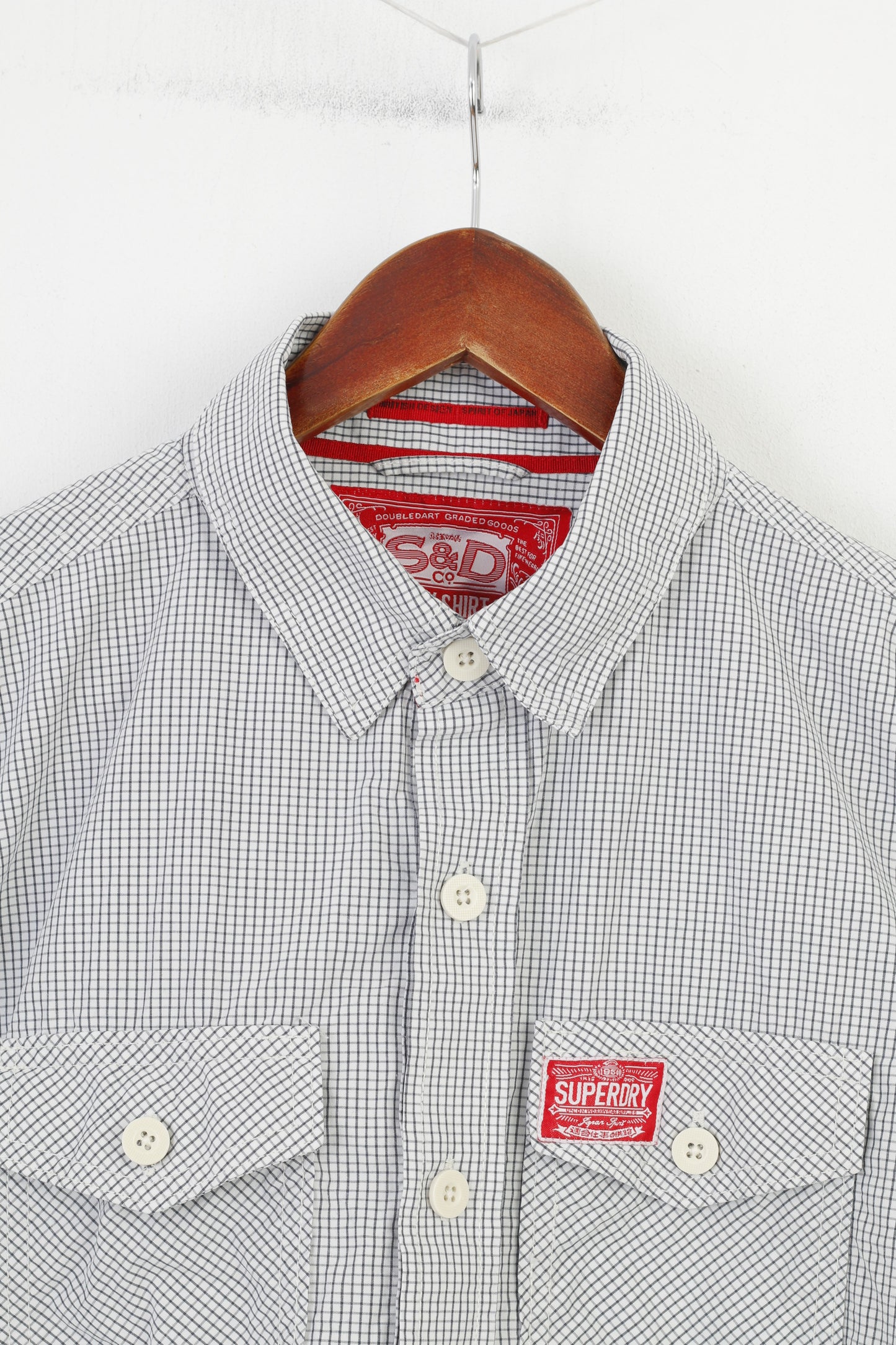 Camicia casual da uomo L Superdry a maniche lunghe in cotone con colletto a quadretti bianco