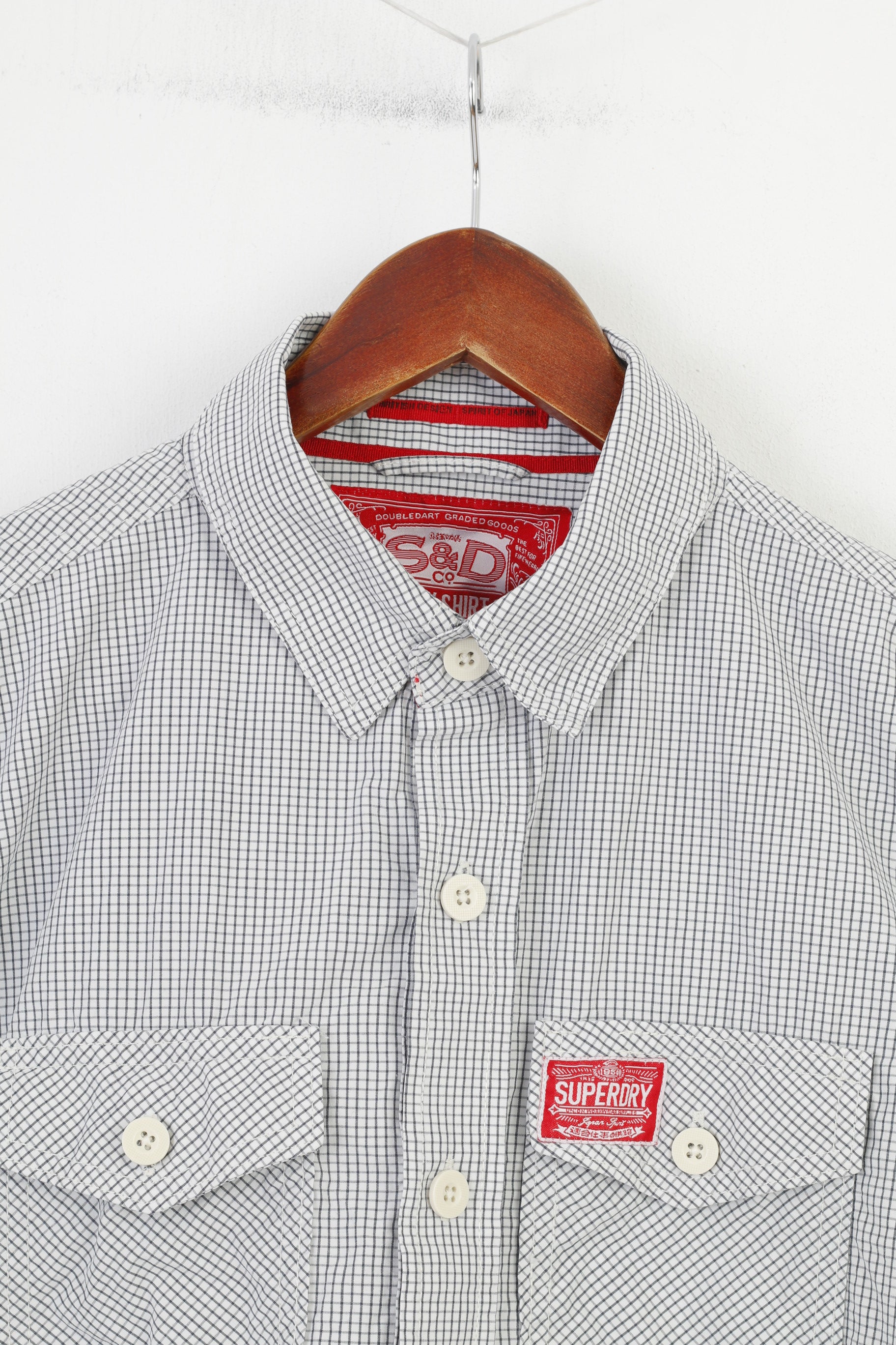 Superdry Men L Casual Shirt Long Sleeve White Checkered Collar Cotton Top