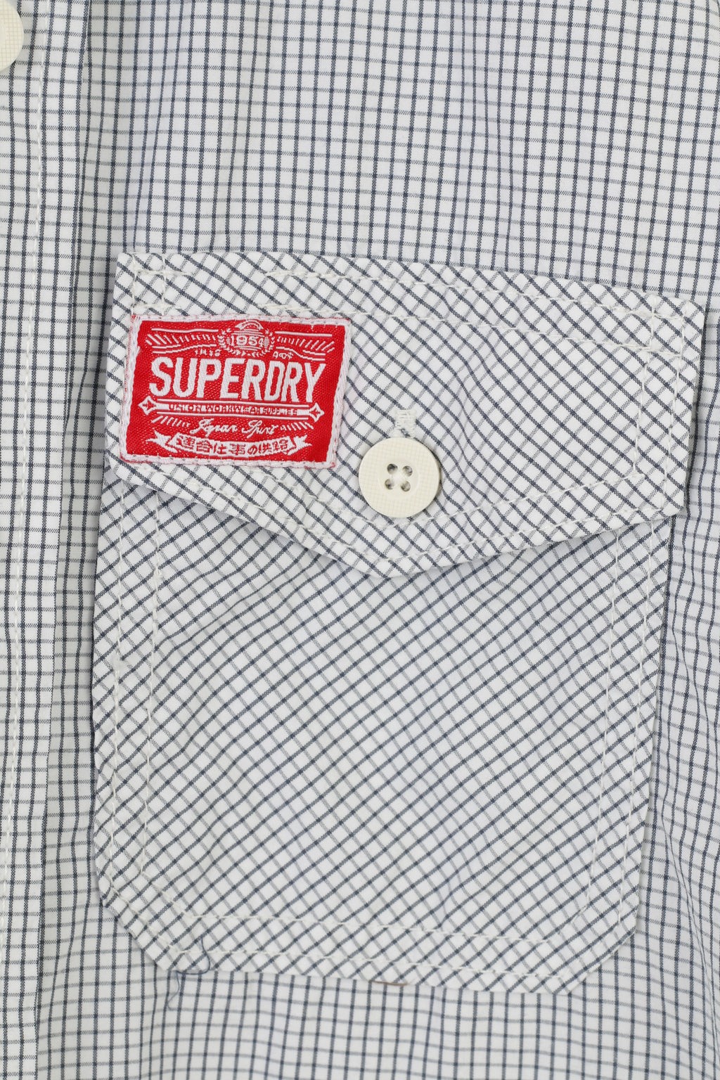 Superdry Men L Casual Shirt Long Sleeve White Checkered Collar Cotton Top