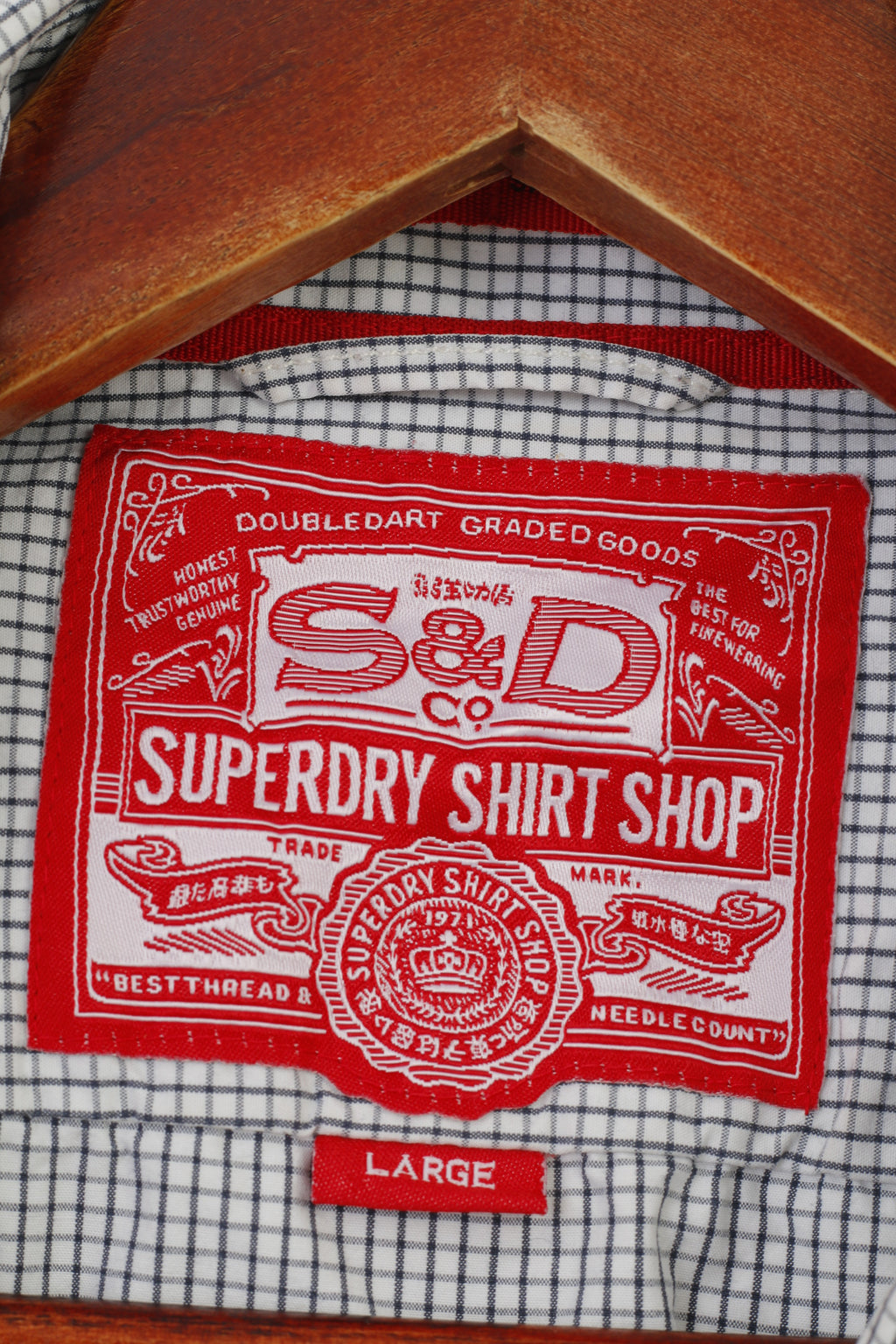 Superdry Men L Casual Shirt Long Sleeve White Checkered Collar Cotton Top