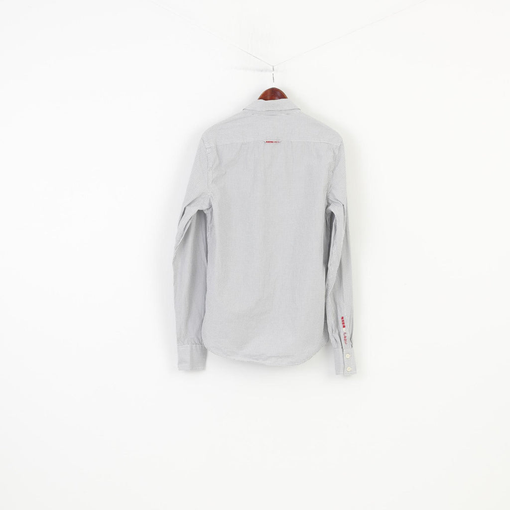 Superdry Men L Casual Shirt Long Sleeve White Checkered Collar Cotton Top