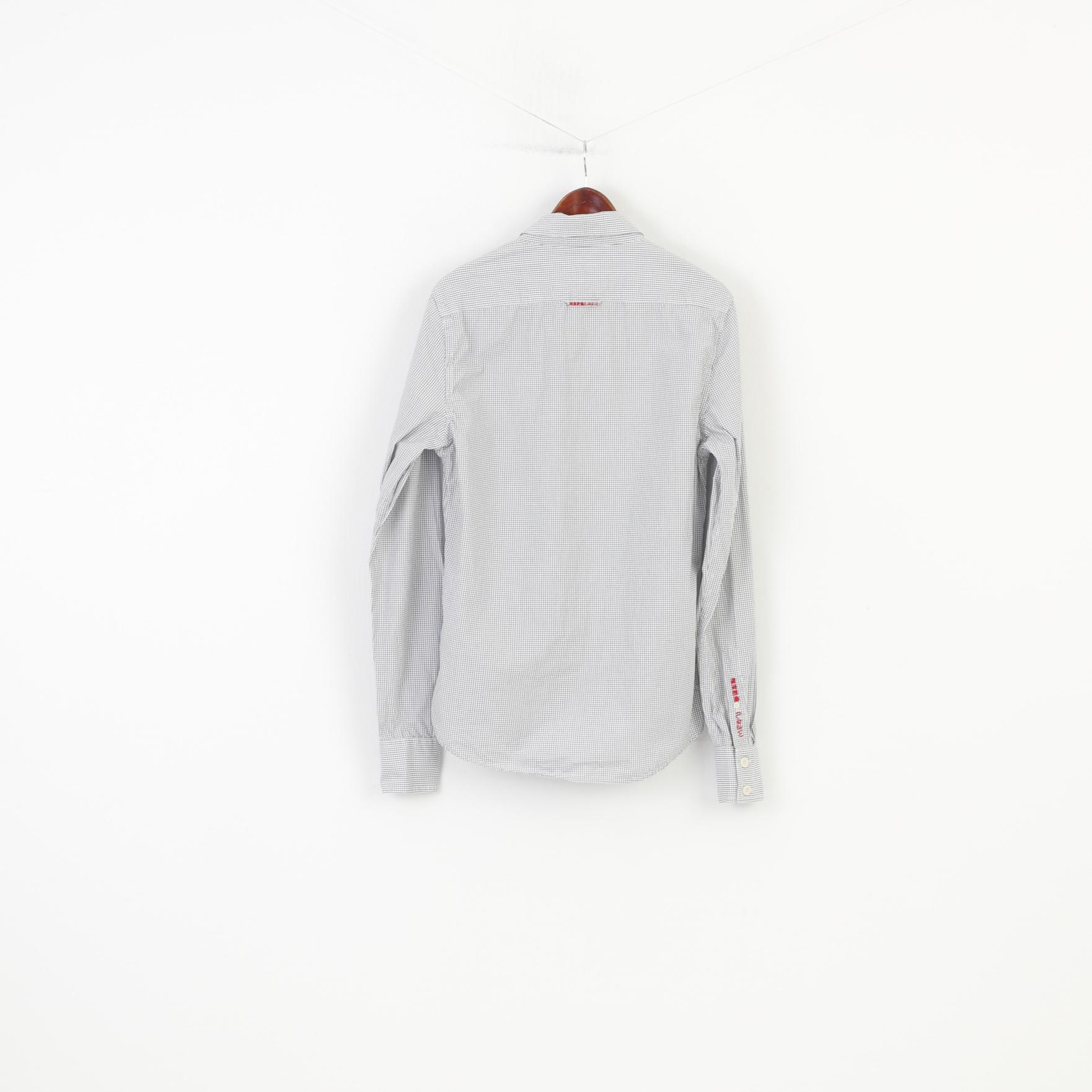 Superdry Men L Casual Shirt Long Sleeve White Checkered Collar Cotton Top