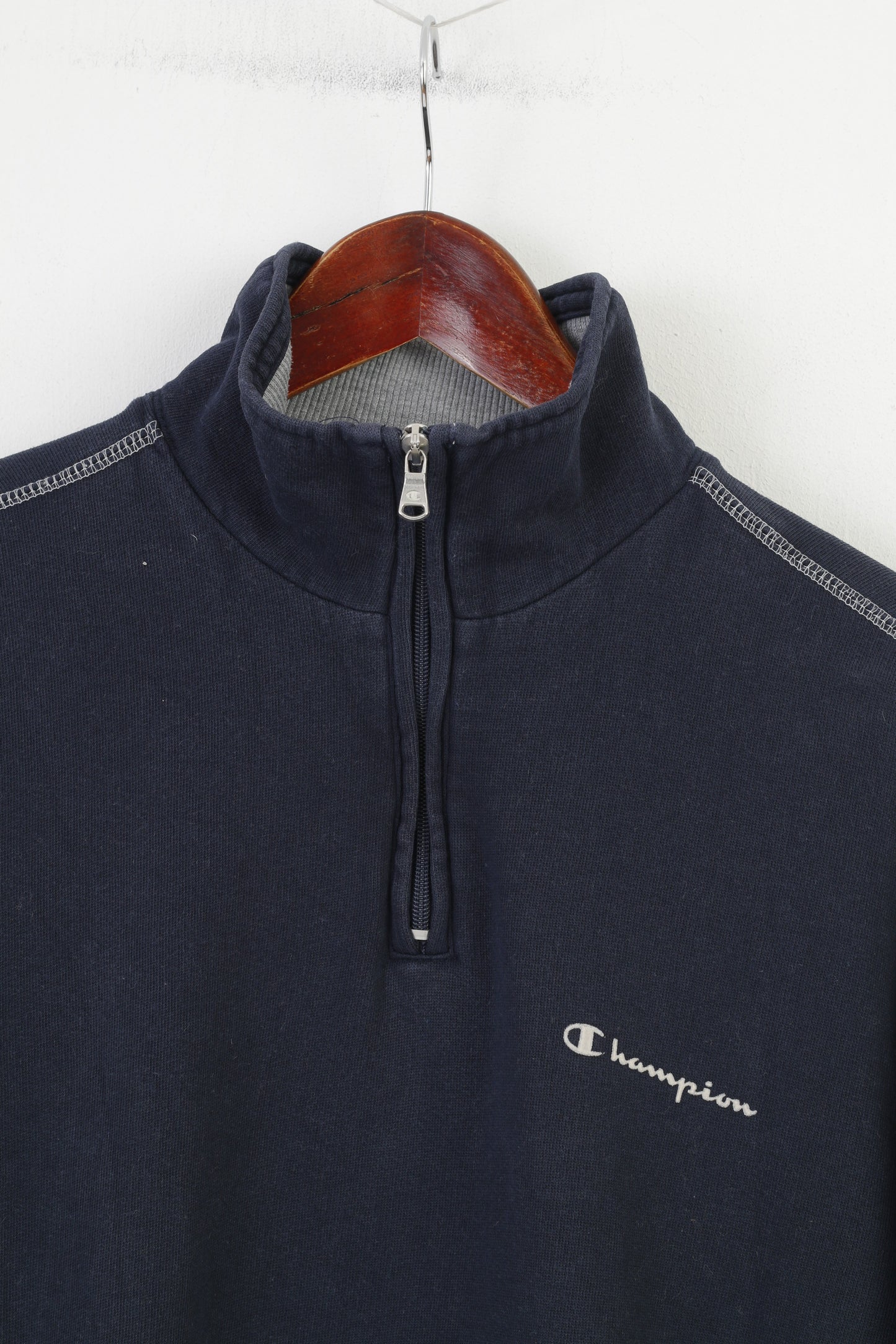 Felpa da uomo Champion blu scuro con zip collo in cotone con cappuccio colletto vintage top