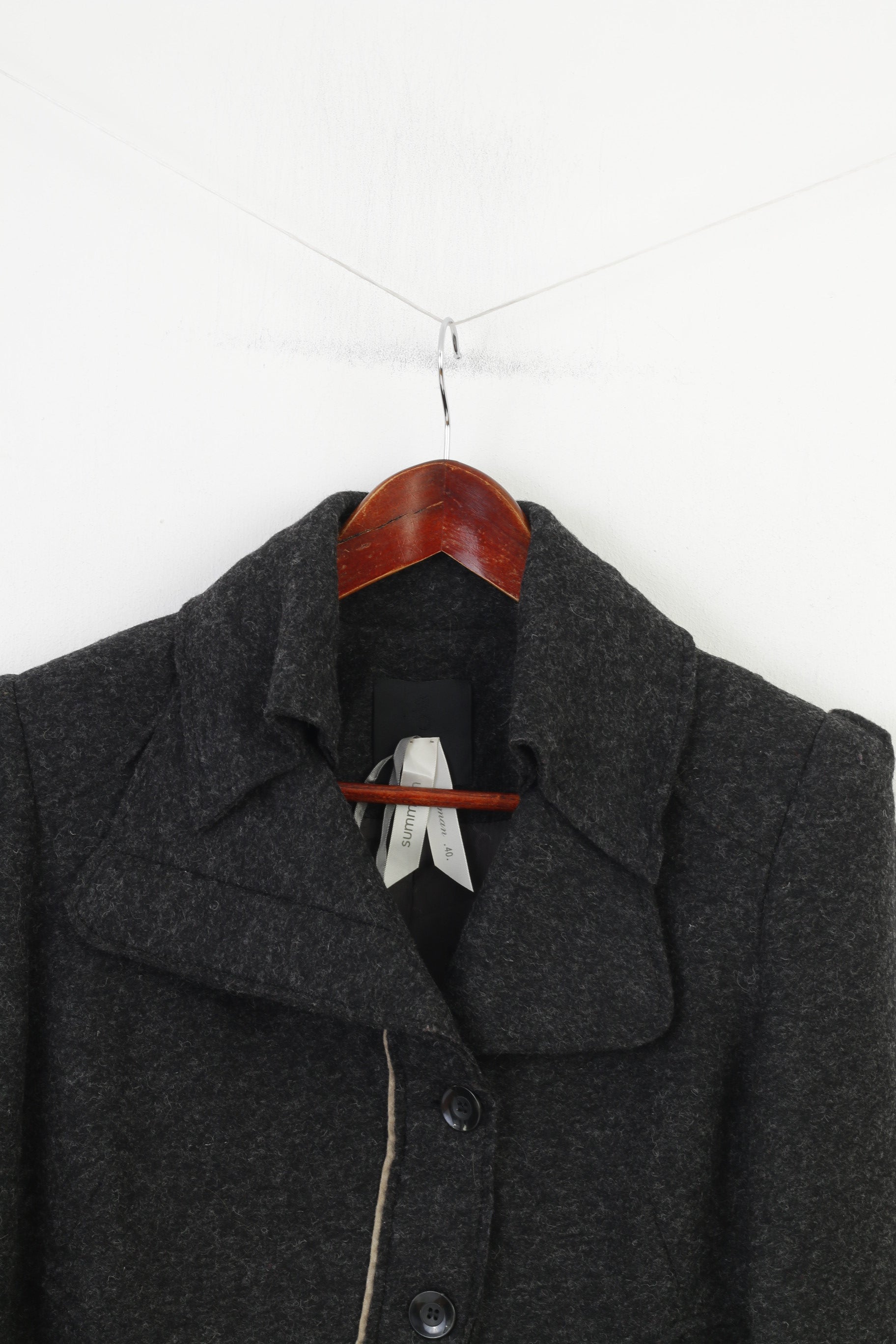 Summum Woman 40 M Jacket Charcoal Bottoms Collar Wool Shoulder Pads Blazer Vintage Top