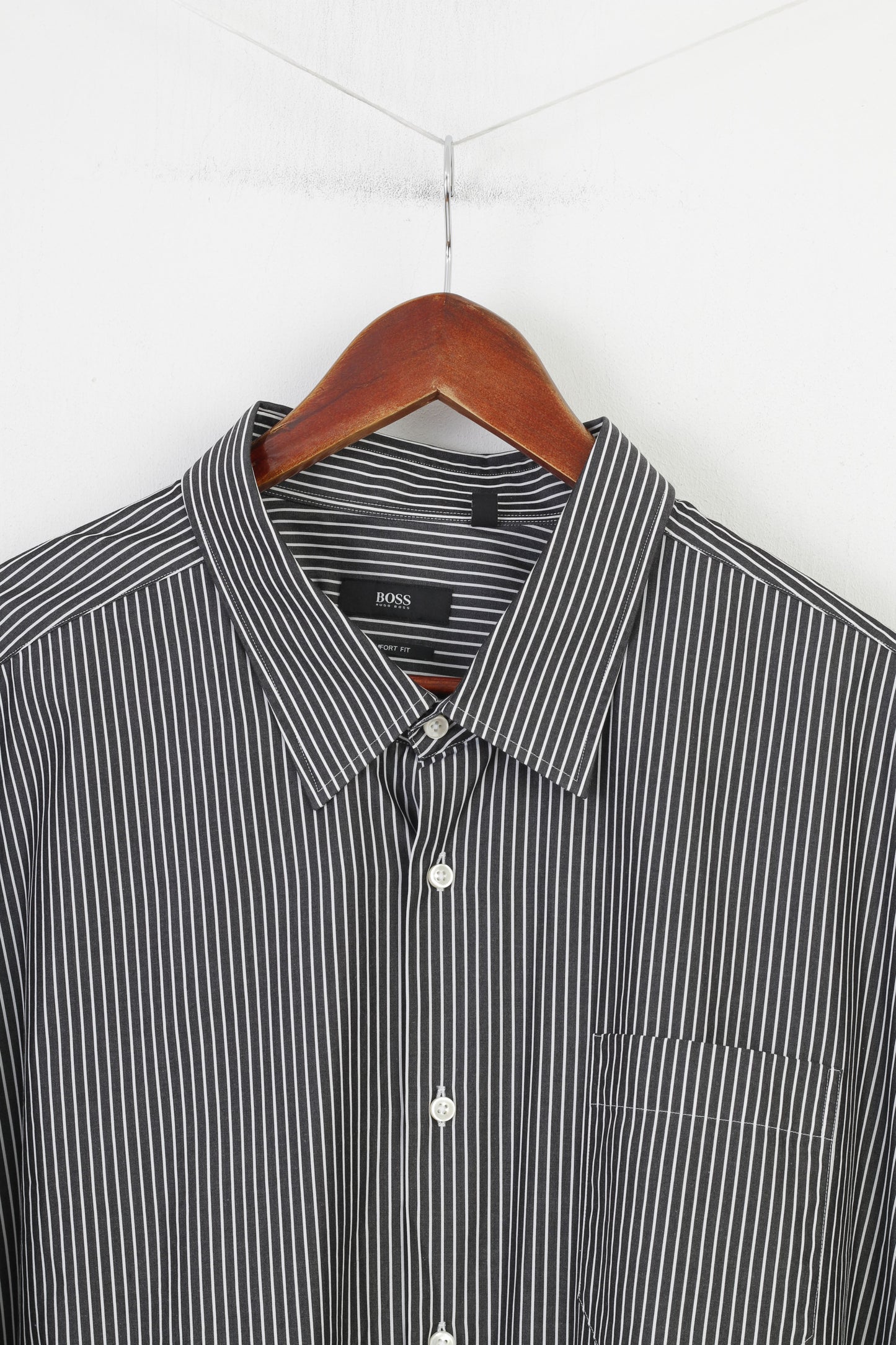 Hugo Boss Camicia casual da uomo 50 19 3/4 3XL Top classico a maniche lunghe a righe in cotone nero