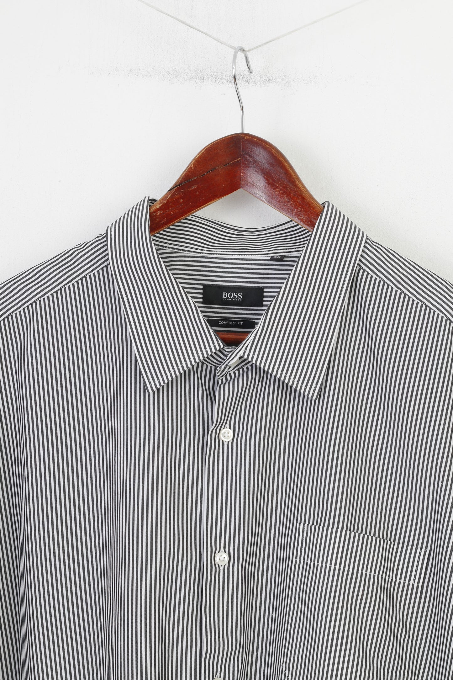 Hugo Boss Men 50 19 3/4 3XL Casual Shirt Striped White Black Long Sleeve Cotton Fit Top