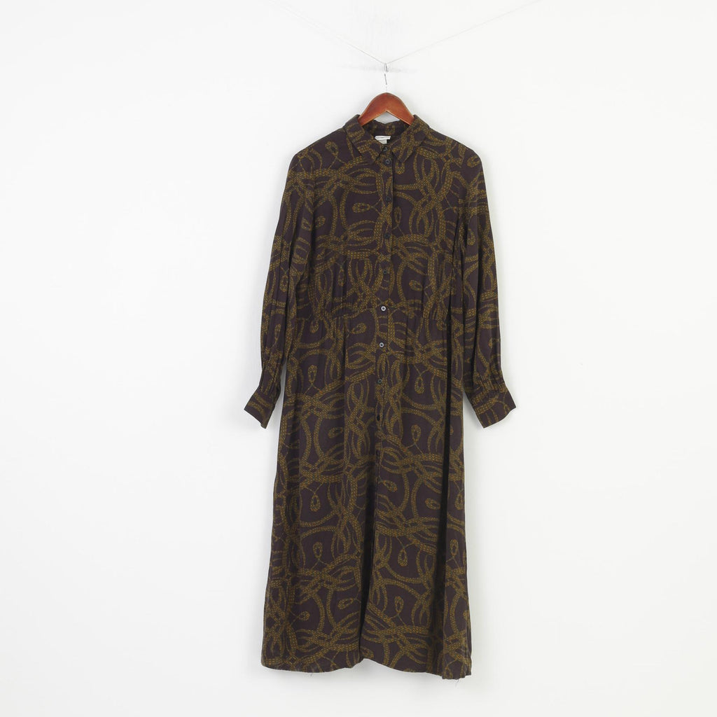 H&M Woman 42 Dress Maxi Black Geometric Bottoms Long Sleeve Collar Viscosa Vintage  