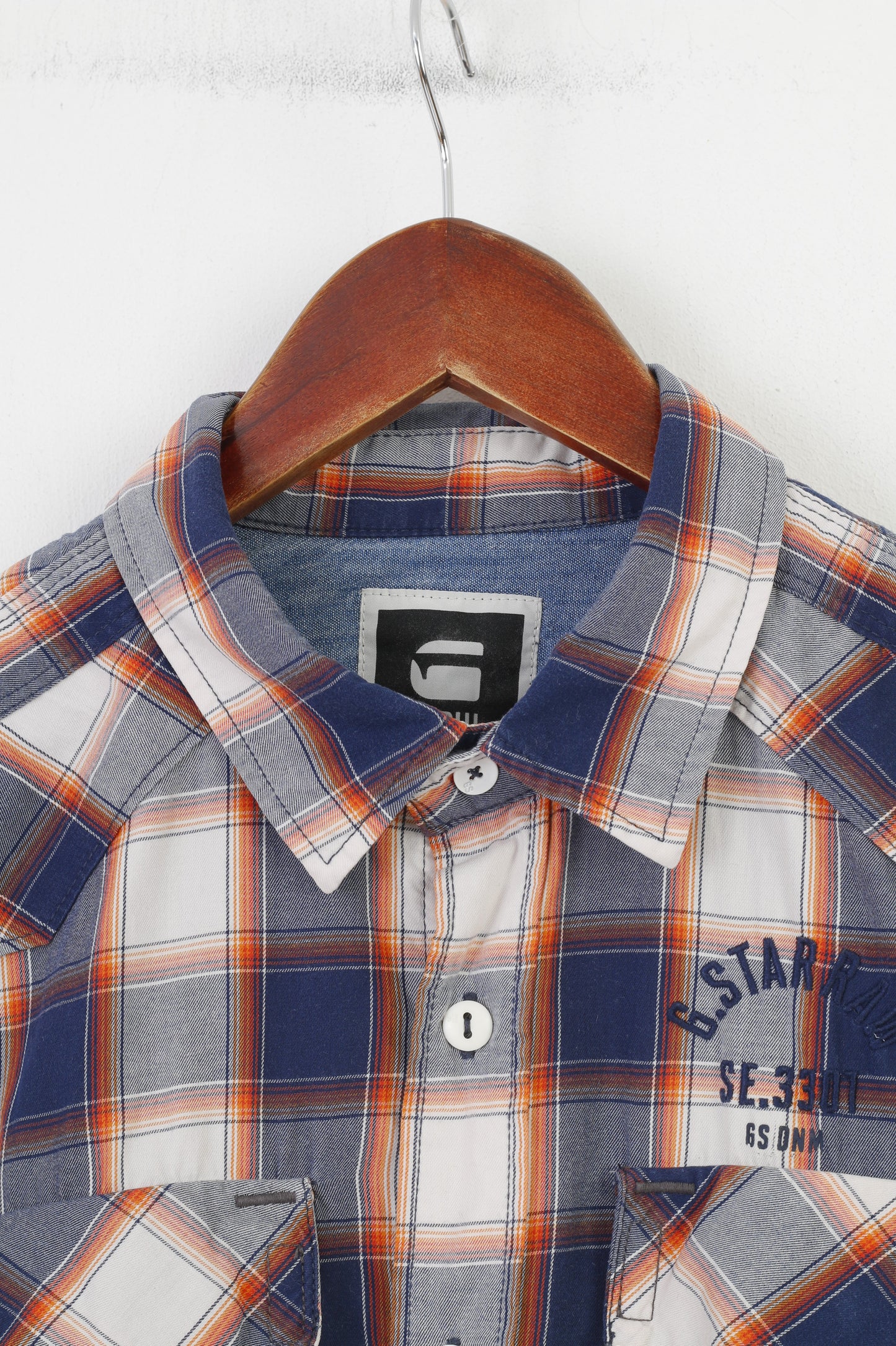 Camicia casual da uomo G-Star Raw L a maniche corte con colletto in cotone blu scuro a quadri