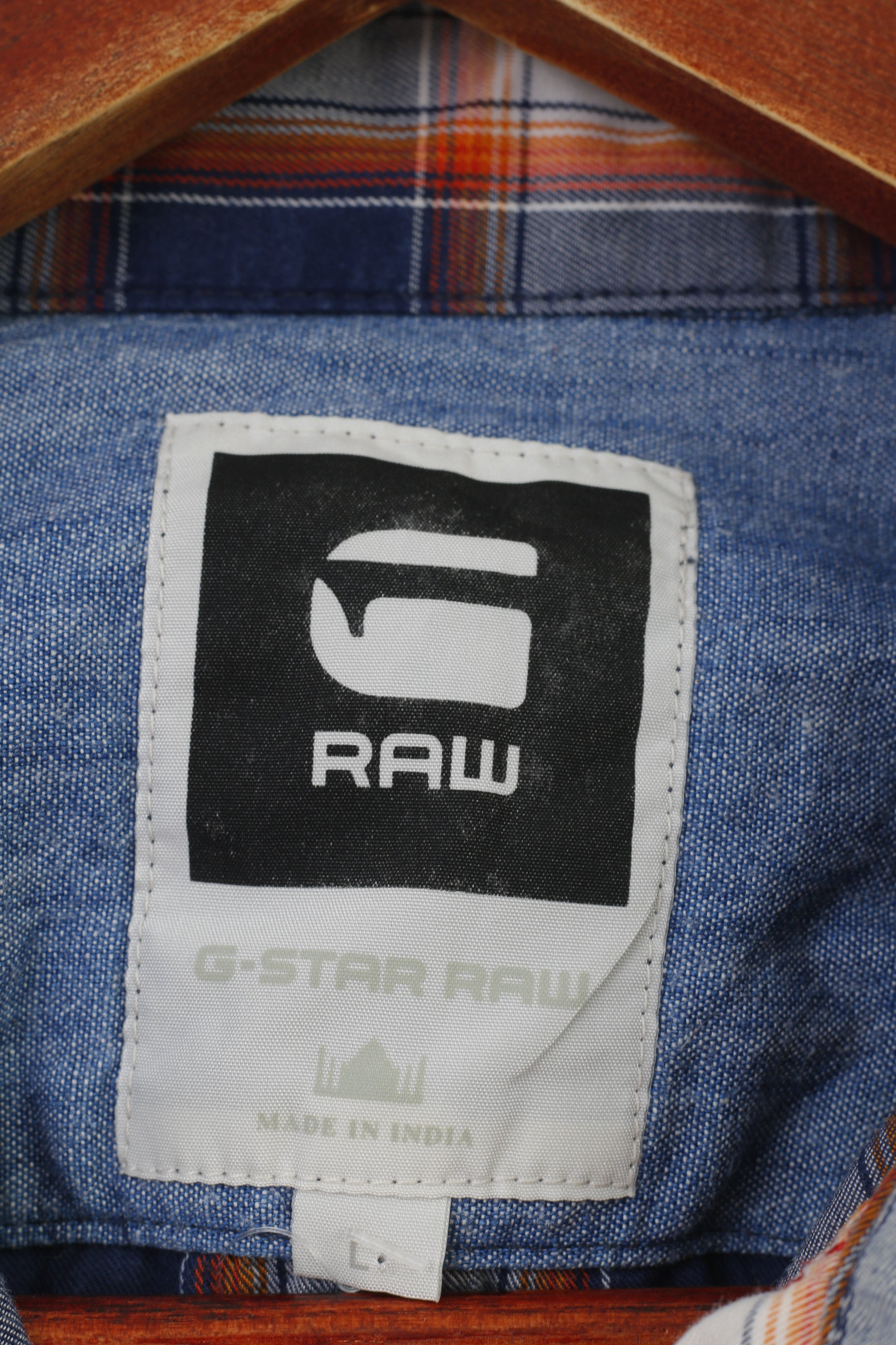 G-Star Raw Men L Casual Shirt Short Sleeve Checkered Navy Cotton Collar Top