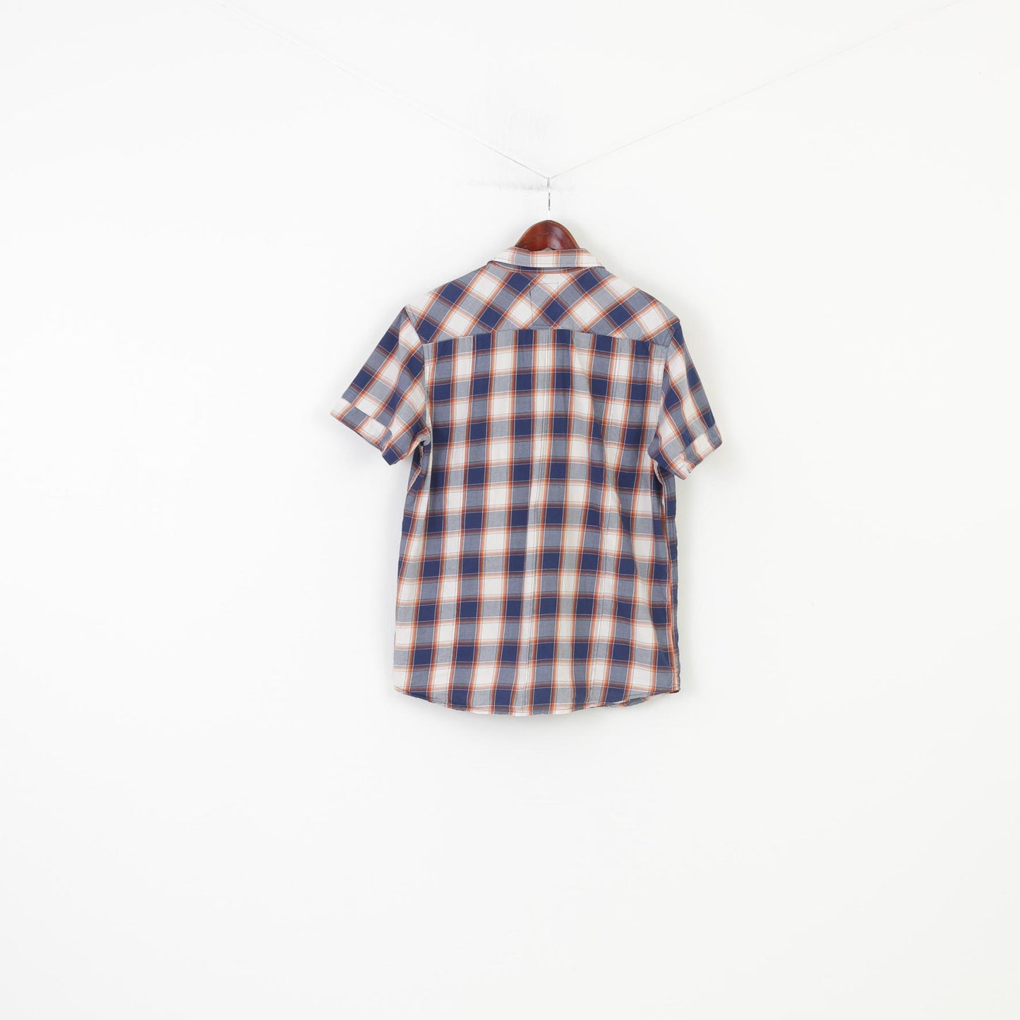 G-Star Raw Men L Casual Shirt Short Sleeve Checkered Navy Cotton Collar Top