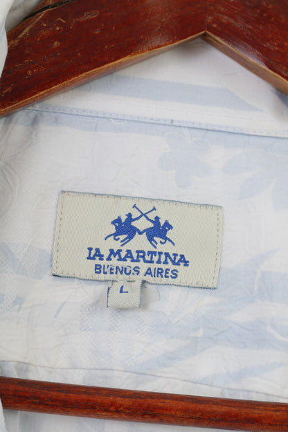 La Martina Hommes L Chemise Décontractée Imprimé Fleur Blanc Manches Courtes Col Coton Vintage Top