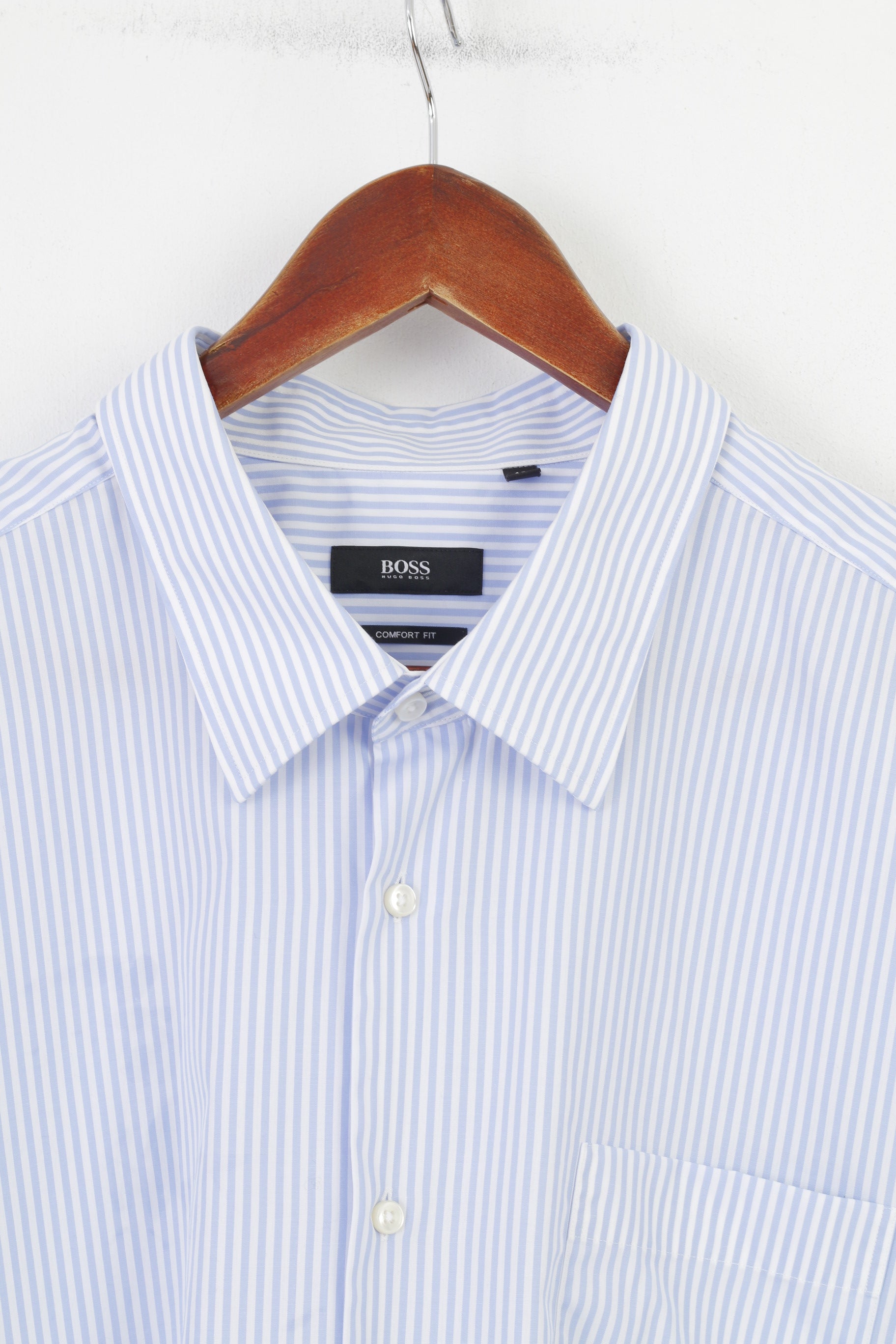 Hugo Boss Men 49 19 1/2 Casual Shirt Striped Blue Long Sleeve Fit Cott