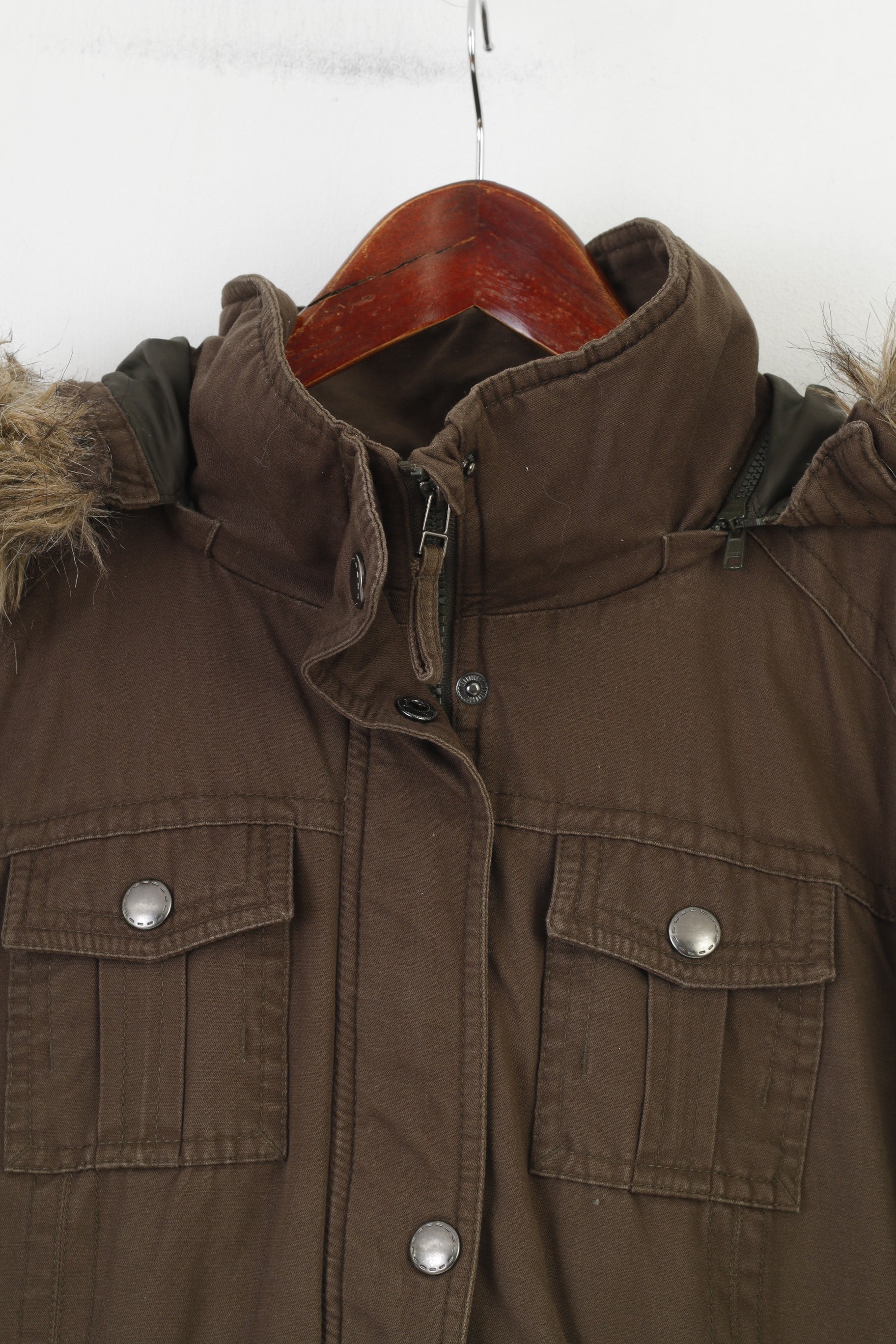 S.Oliver Woman M Jacket Khaki Padded Hood Vintage Cotton Pockets Full Zipper  Top