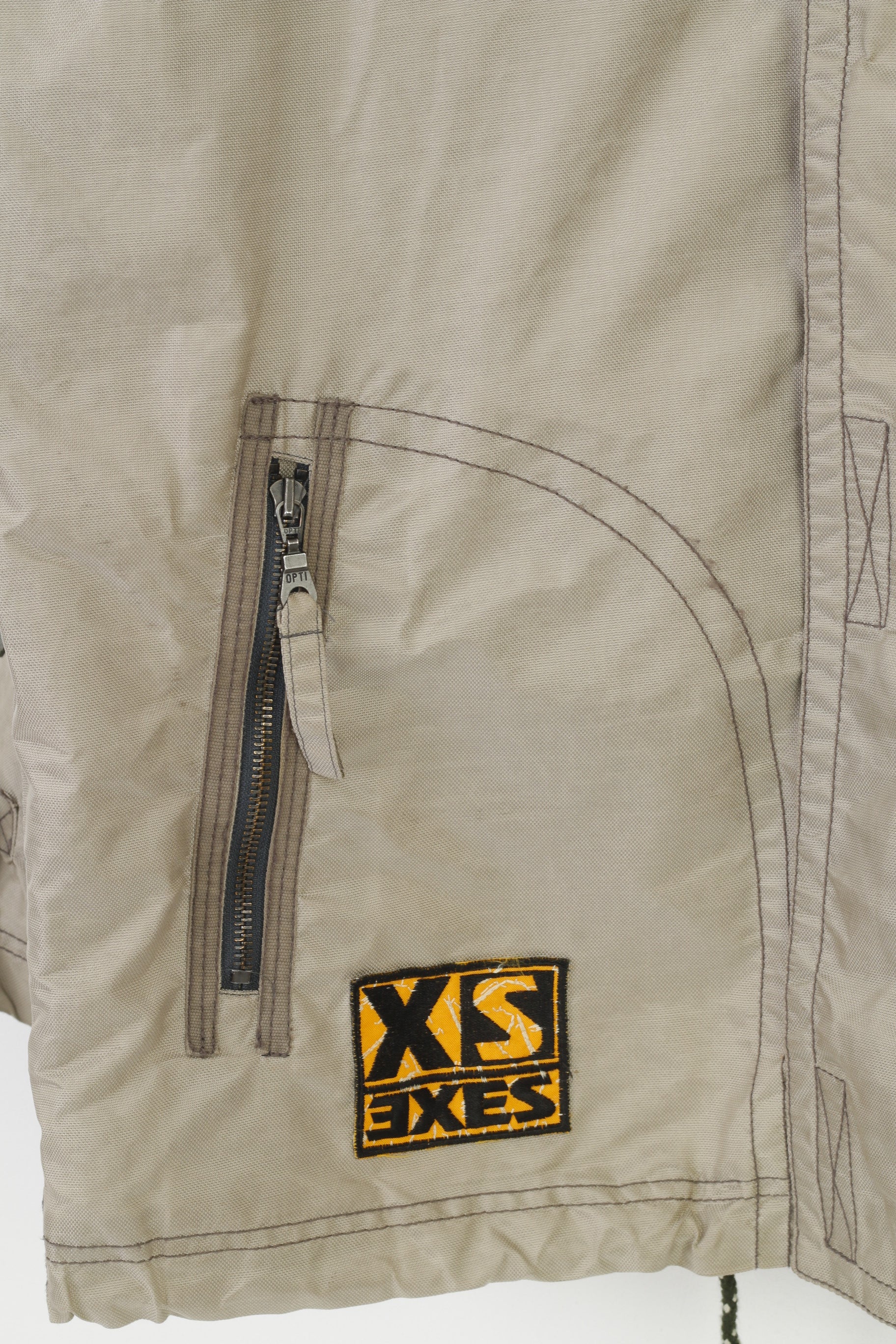 EXES Men M Jacket Beige Full Zipper Vintage Retractable Hood Polyamid Outwear Top