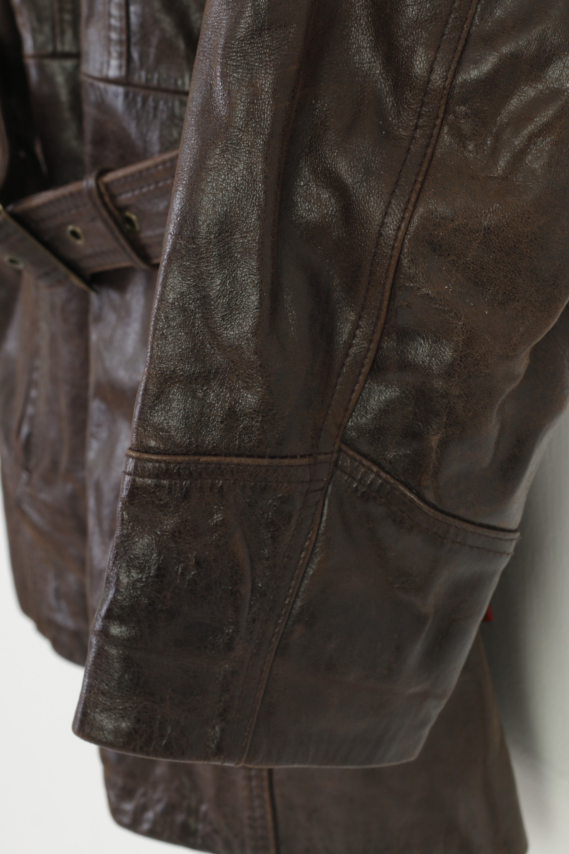 Saki Donna 38 M Giacca in pelle Colletto marrone scuro Tasche con cerniera completa Cintura vintage Top