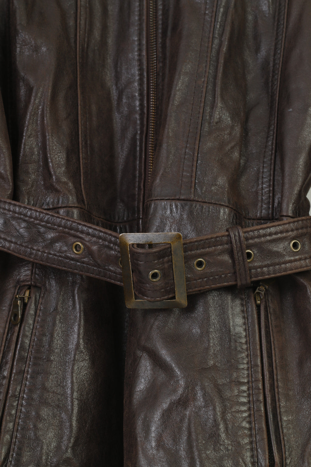 Saki Woman 38 M  Leather Jacket Dark Brown Collar Full Zipper Pockets  Vintage Belt  Top