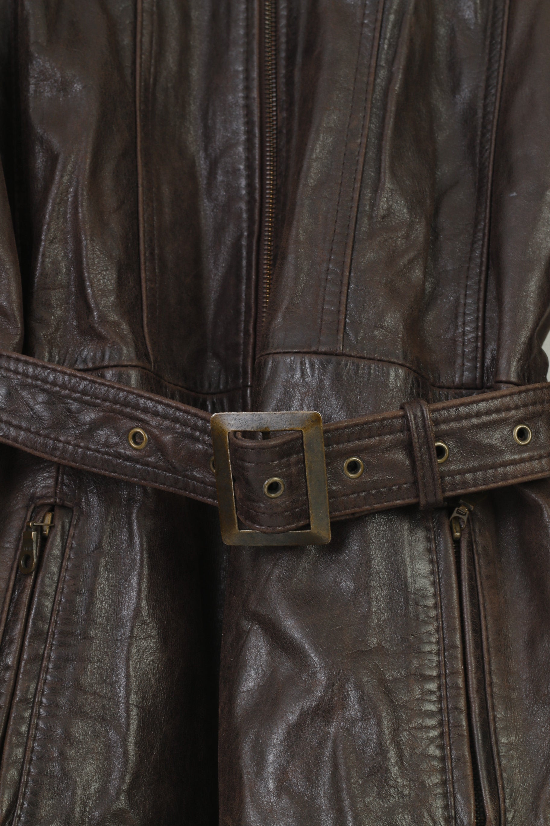 Saki Donna 38 M Giacca in pelle Colletto marrone scuro Tasche con cerniera completa Cintura vintage Top