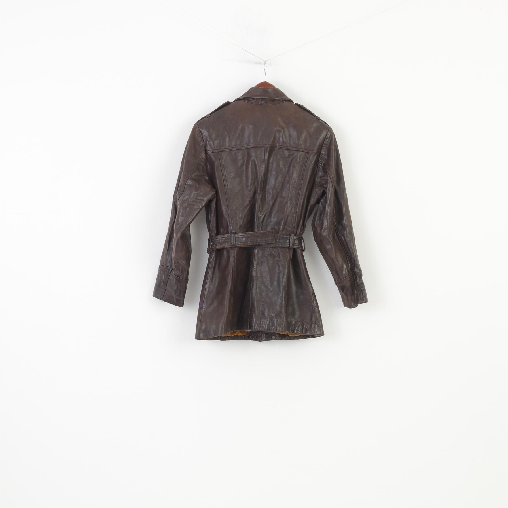 Saki Woman 38 M  Leather Jacket Dark Brown Collar Full Zipper Pockets  Vintage Belt  Top