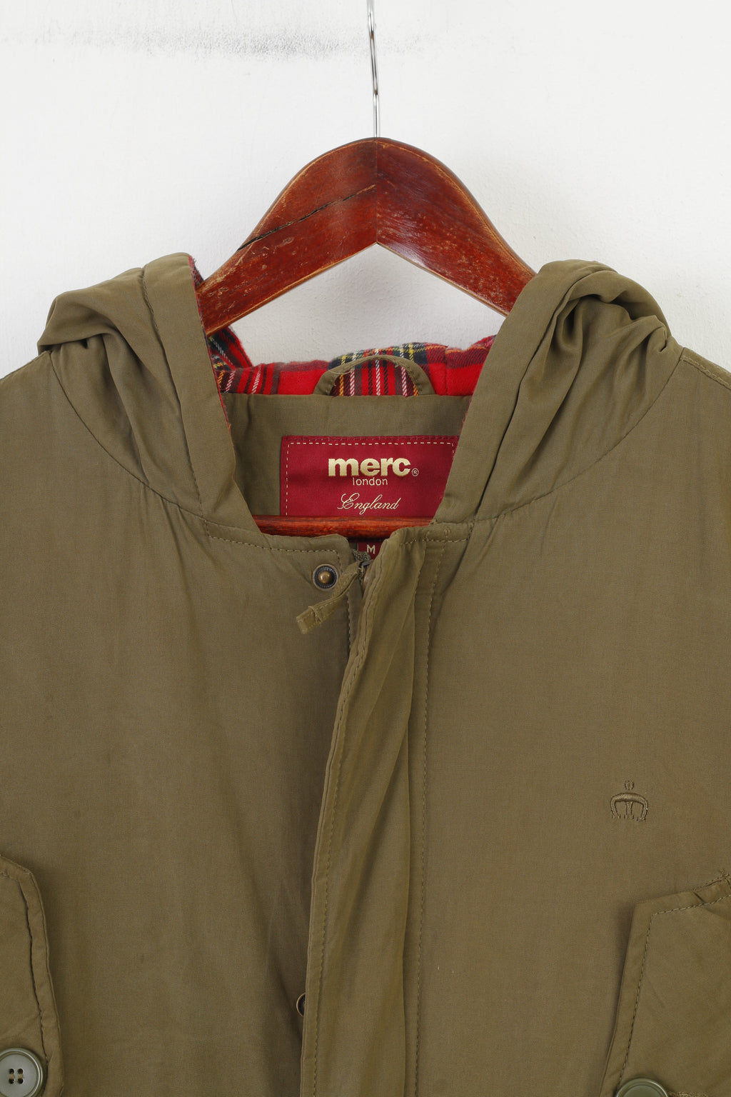 Giacca Merc da uomo M con cerniera intera, tasche con cappuccio color kaki, top vintage