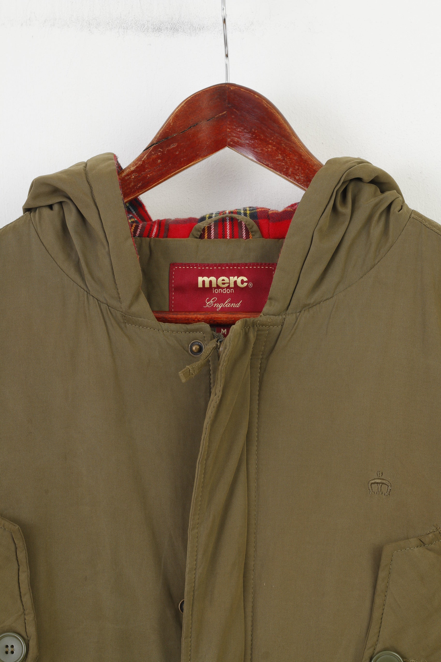Giacca Merc da uomo M con cerniera intera, tasche con cappuccio color kaki, top vintage