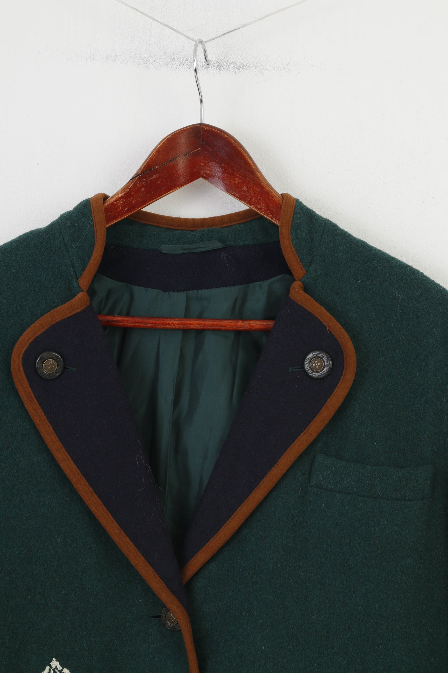 Vintage femme L veste vert bas col broderie haut