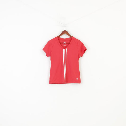 Adidas Woman 16 M T-Shirt V Neck Coral 3 Stripes Short Sleeve Stretch Vintage Top