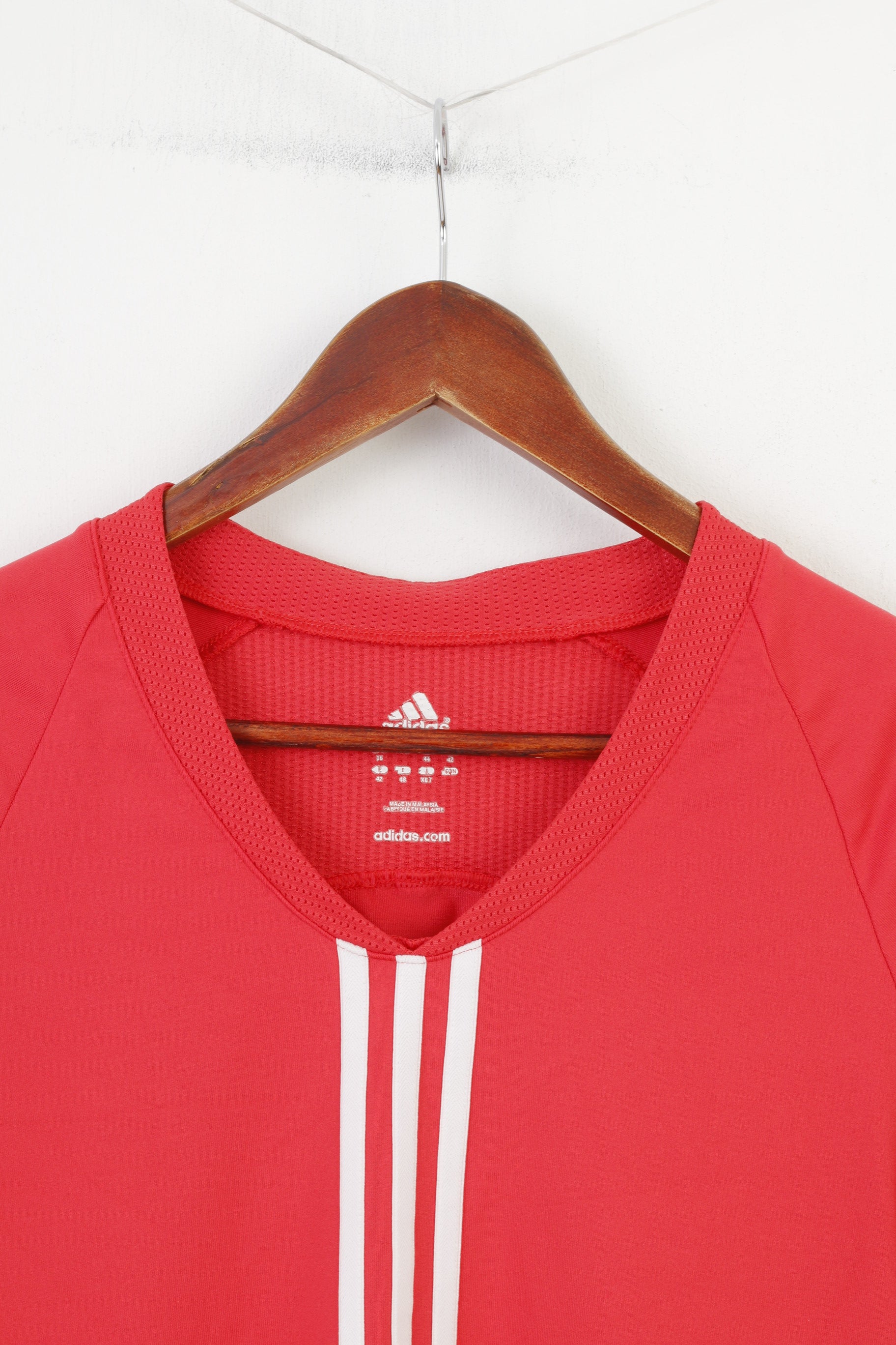 T-shirt Adidas Donna 16 M scollo a V corallo 3 strisce manica corta elasticizzata vintage top