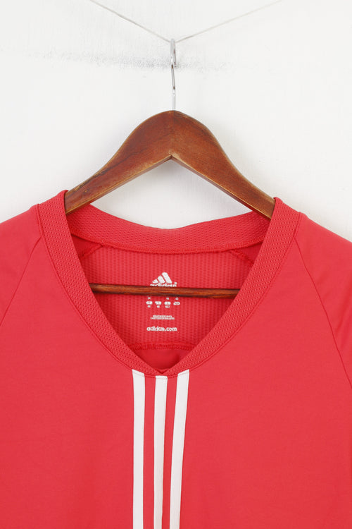 Adidas Woman 16 M T-Shirt V Neck Coral 3 Stripes Short Sleeve Stretch Vintage Top