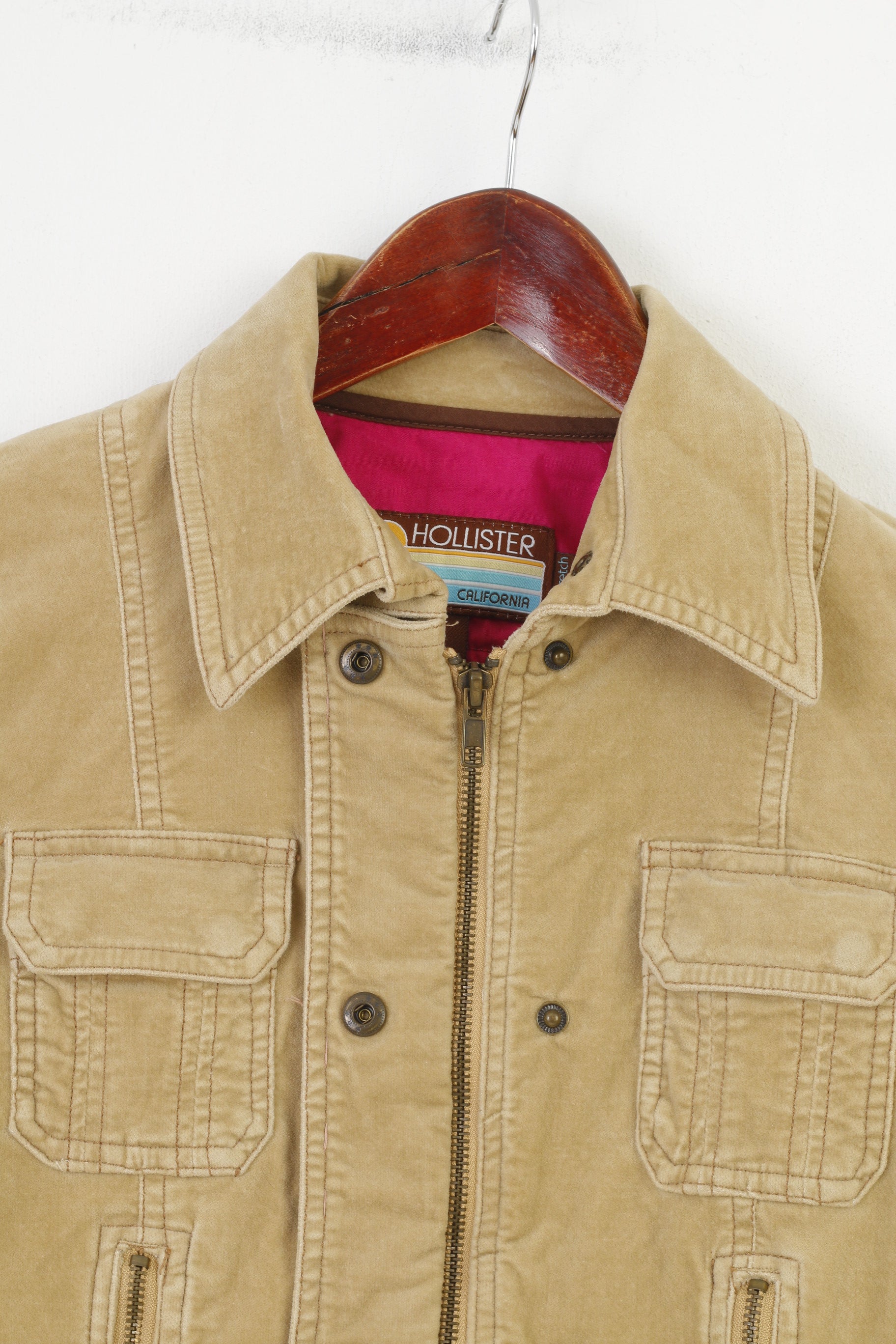 Hollister Woman S Jacket Cotton Stretch Collar Fermeture éclair complète California Beige vintage Top