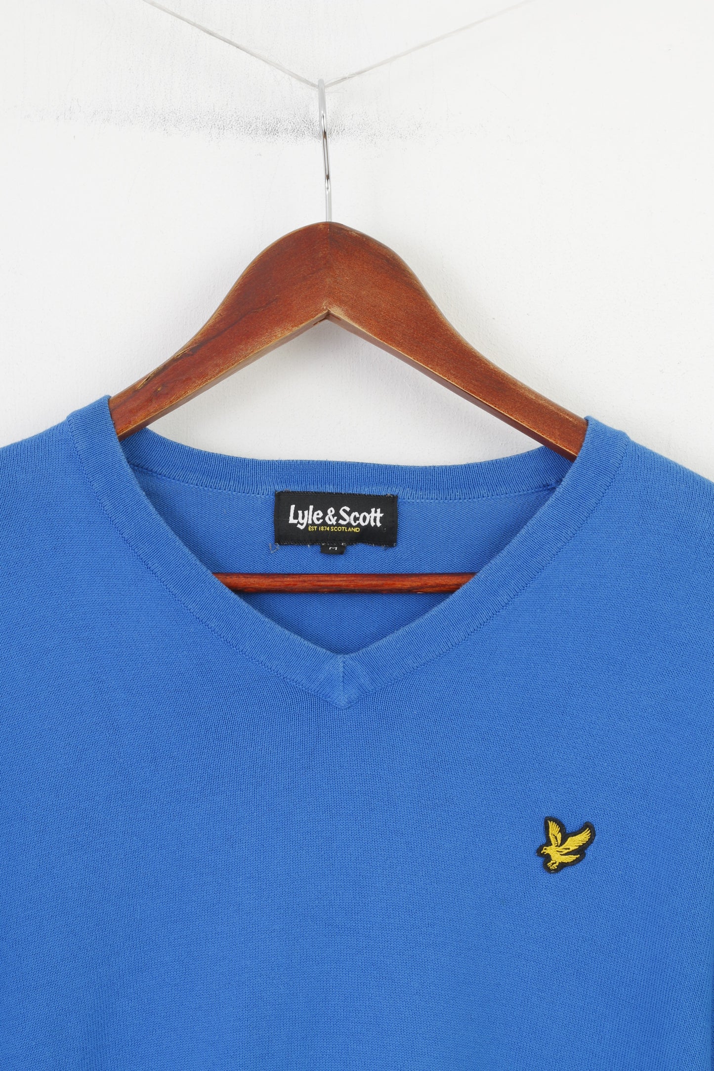 Lyle &amp; Scott Hommes M Pull Col V Bleu Logo Ecosse Manches Longues Coton Pull Haut